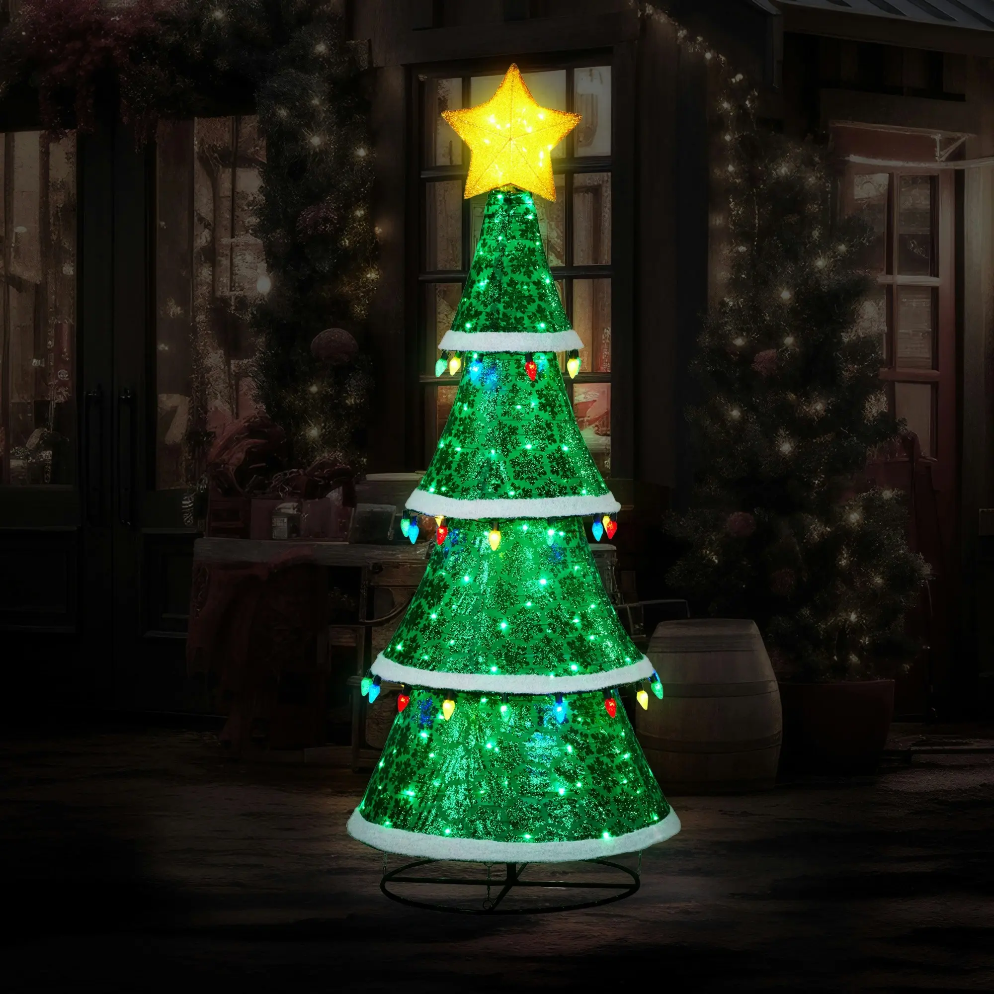 205cm Indoor/Outdoor Festive Tiered Light-Up Christmas Tree 66 Green LED Lights Colour Bulbs