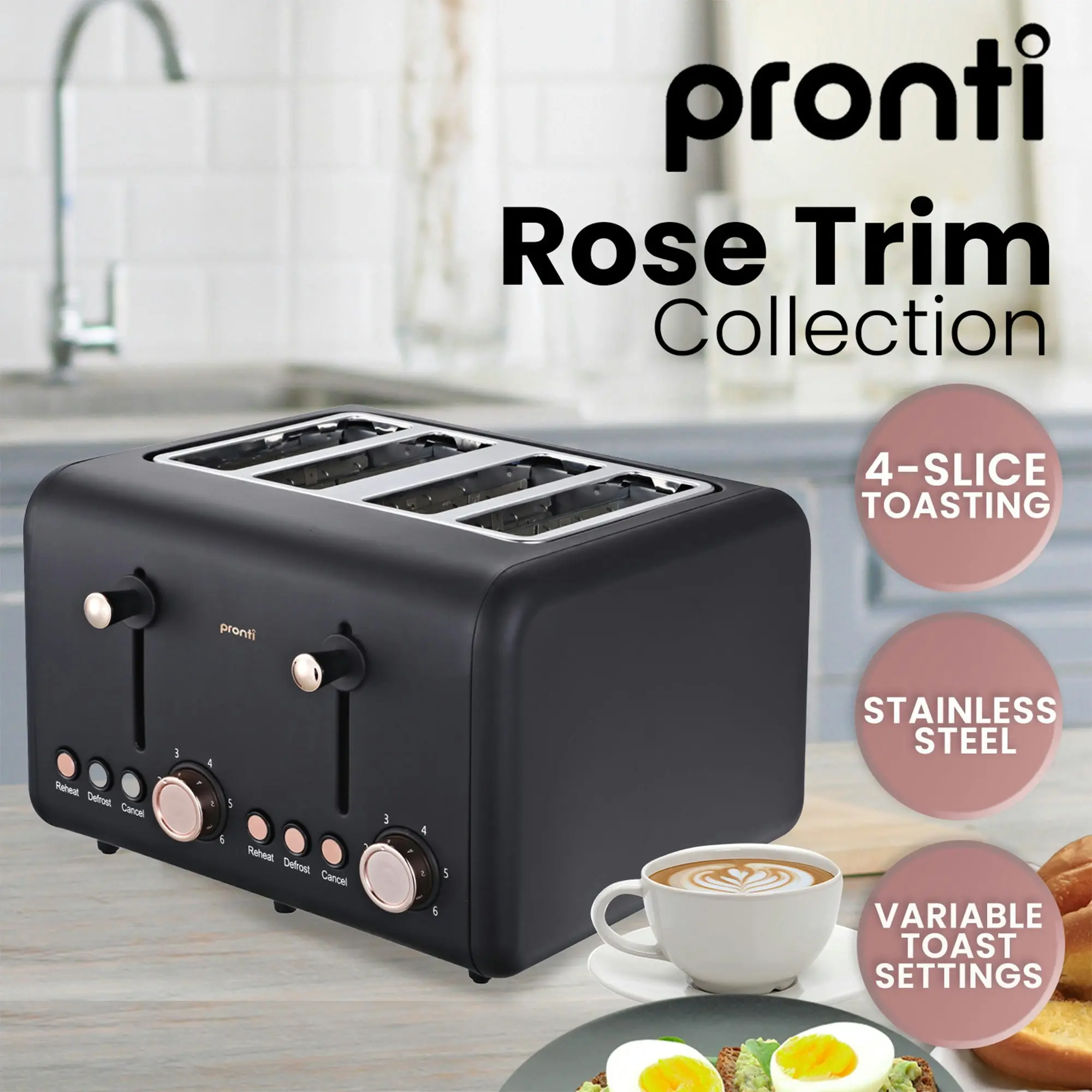 Pronti Kettle, Pronti Toaster and HomeMaid Coffee Machine Breakfast Set in Black