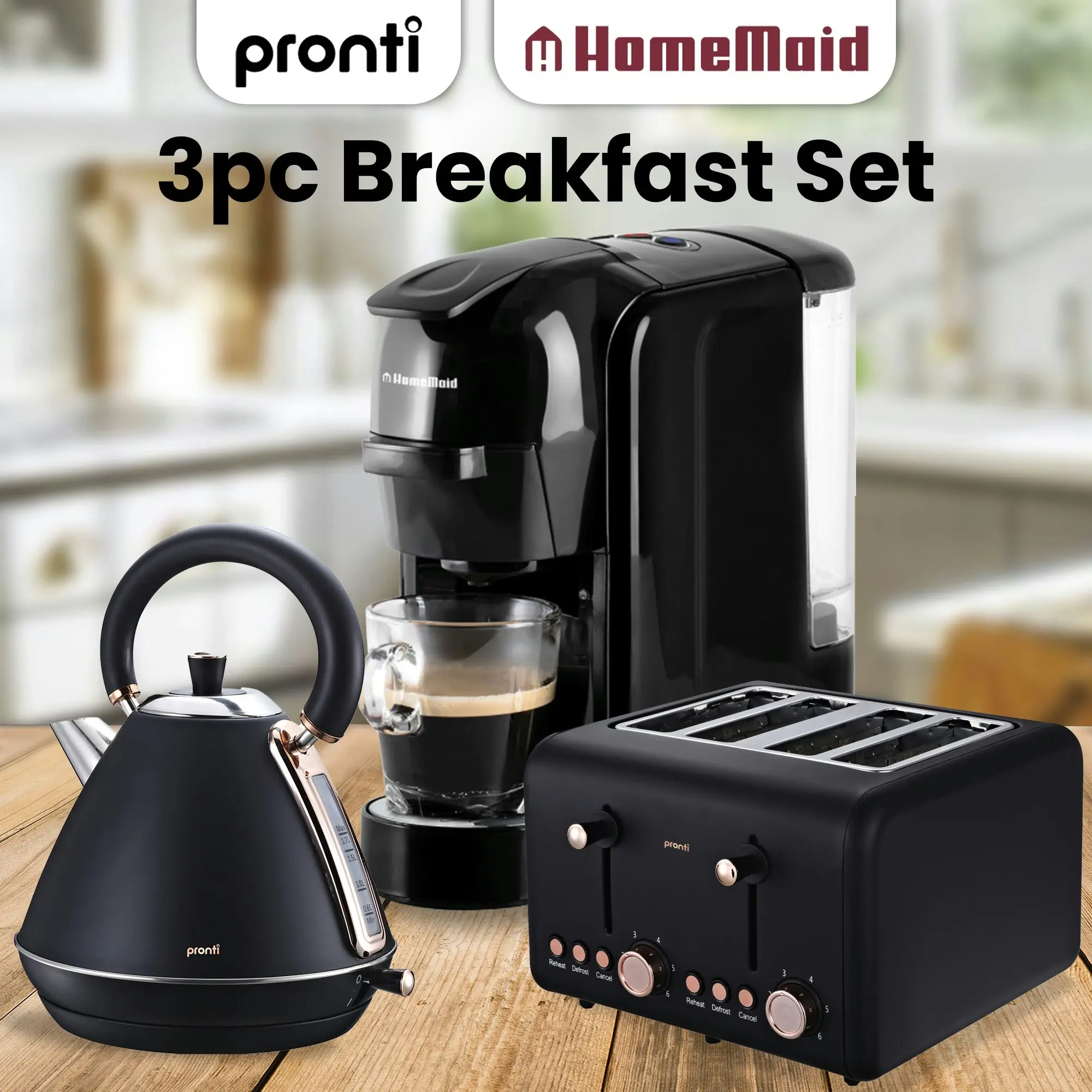 Pronti Kettle, Pronti Toaster and HomeMaid Coffee Machine Breakfast Set in Black