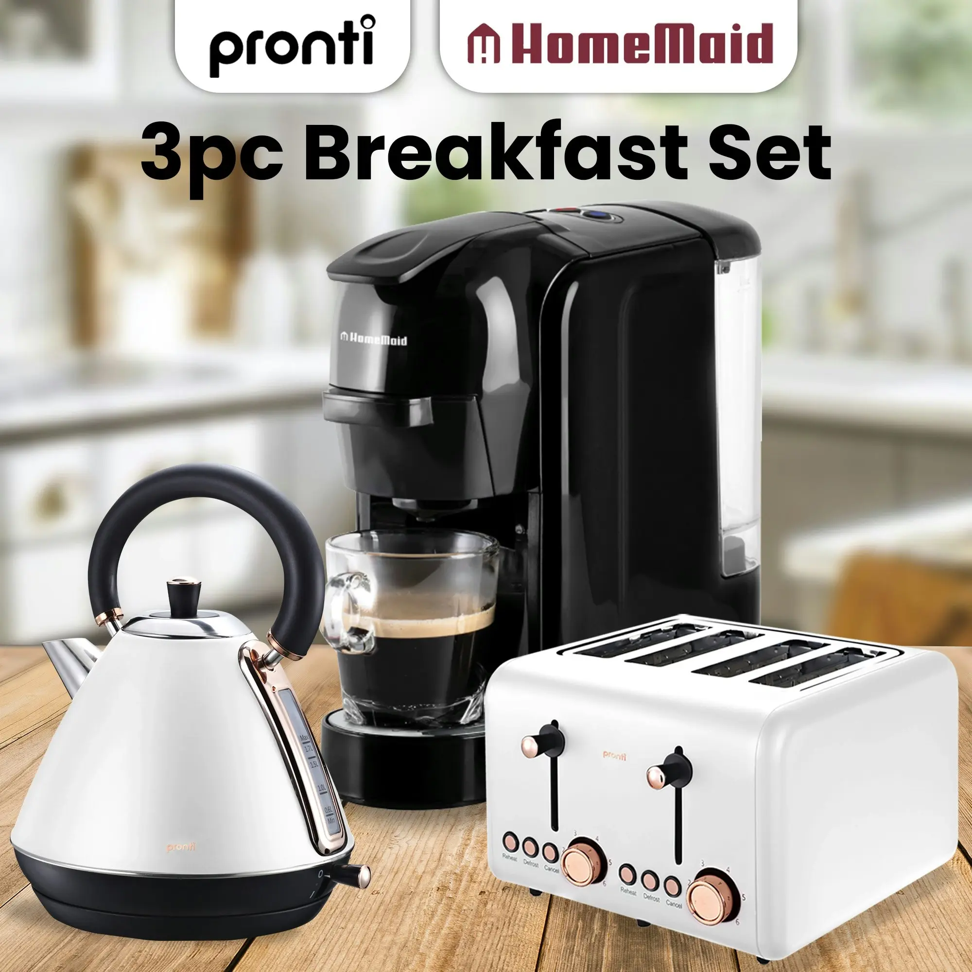 Pronti Kettle, Pronti Toaster and HomeMaid Coffee Machine Breakfast Set in White