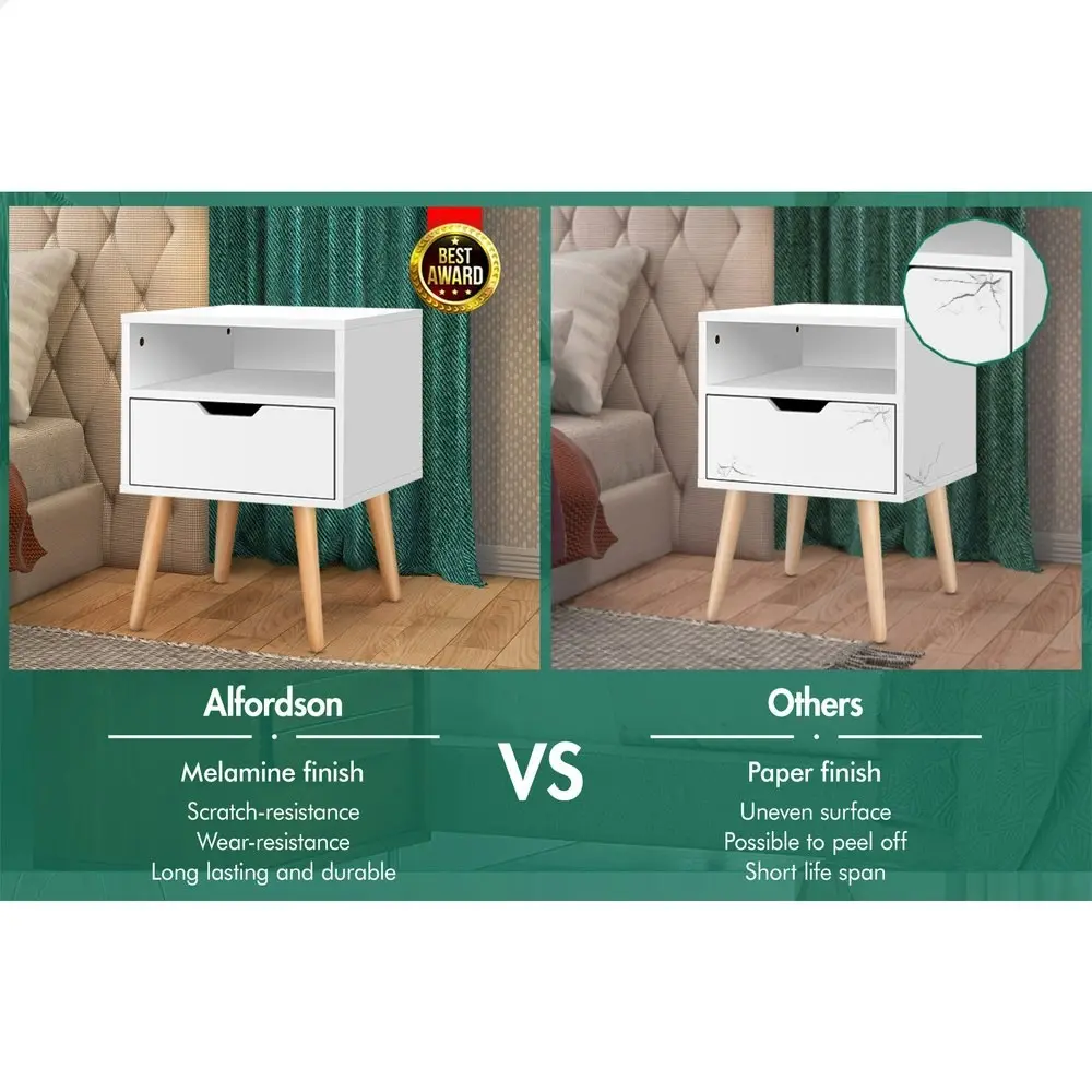 Alfordson Bedside Table Nightstand Side Storage Cabinet Scandinavian White