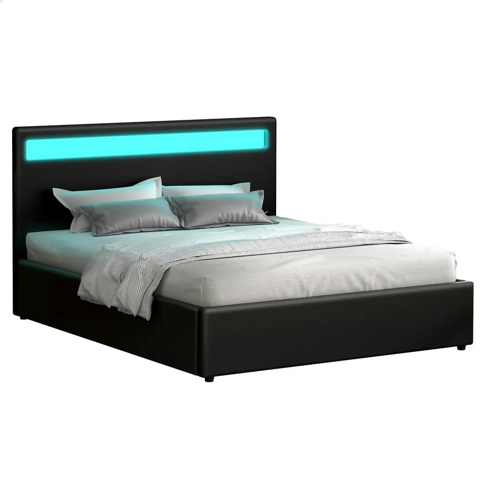 Alfordson Bed Frame King Size RGB LED Gas Lift Base Platform Storage Black