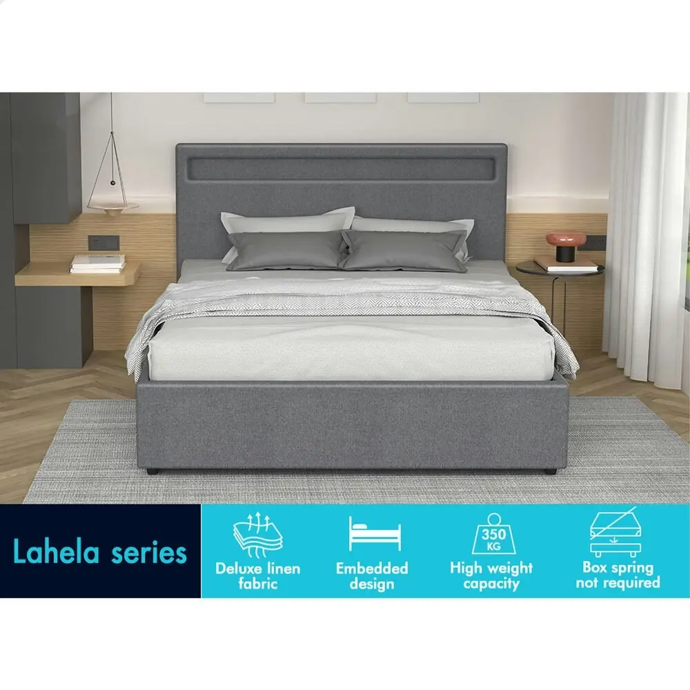 Alfordson Bed Frame King Size RGB LED Gas Lift Base Platform Storage Grey