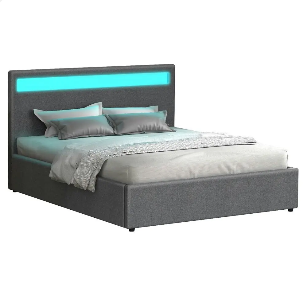 Alfordson Bed Frame King Size RGB LED Gas Lift Base Platform Storage Grey