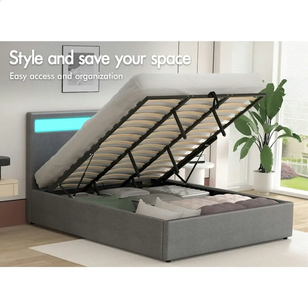 Alfordson Bed Frame King Size RGB LED Gas Lift Base Platform Storage Grey