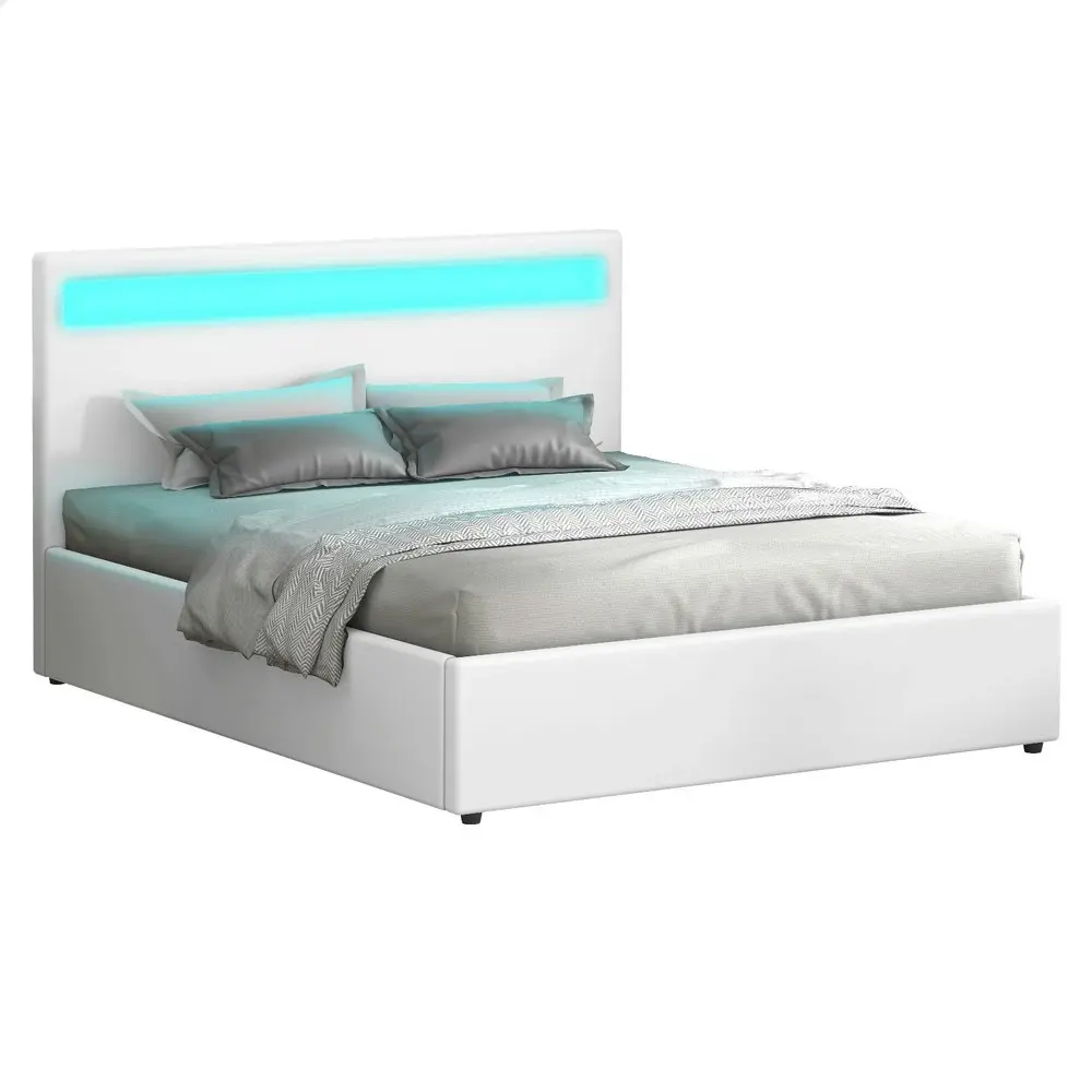 Alfordson Bed Frame King Size RGB LED Gas Lift Base Platform Storage White