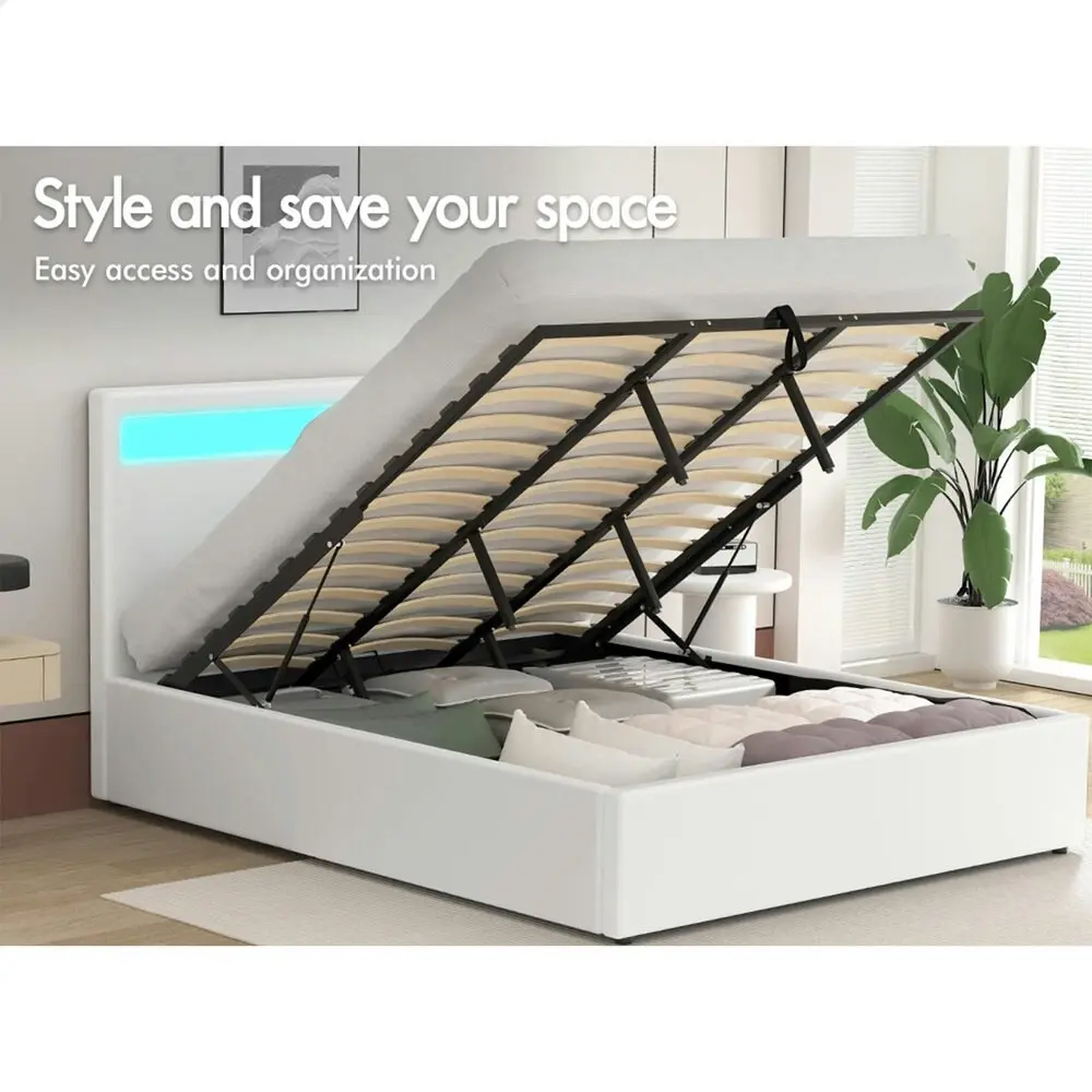 Alfordson Bed Frame King Size RGB LED Gas Lift Base Platform Storage White