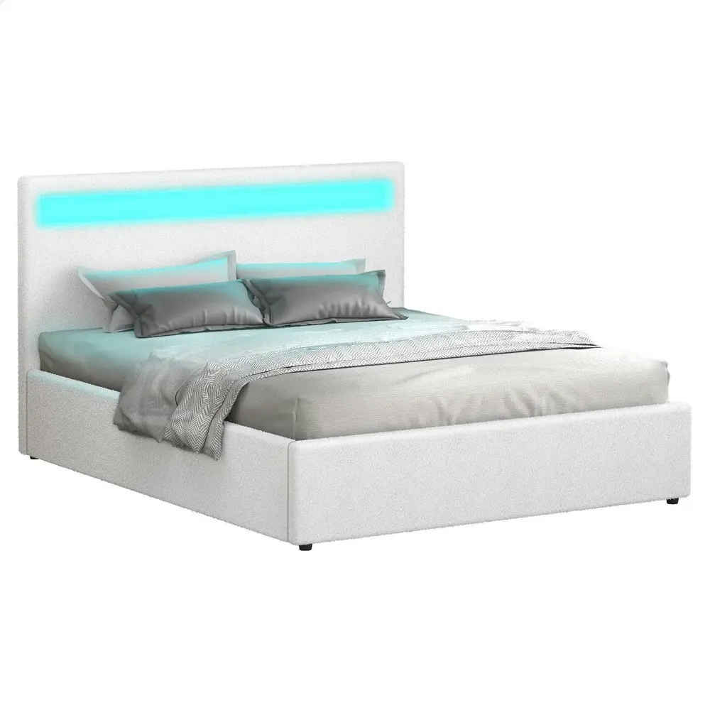 Alfordson Bed Frame Queen Size RGB LED Gas Lift Base Platform Storage Boucle