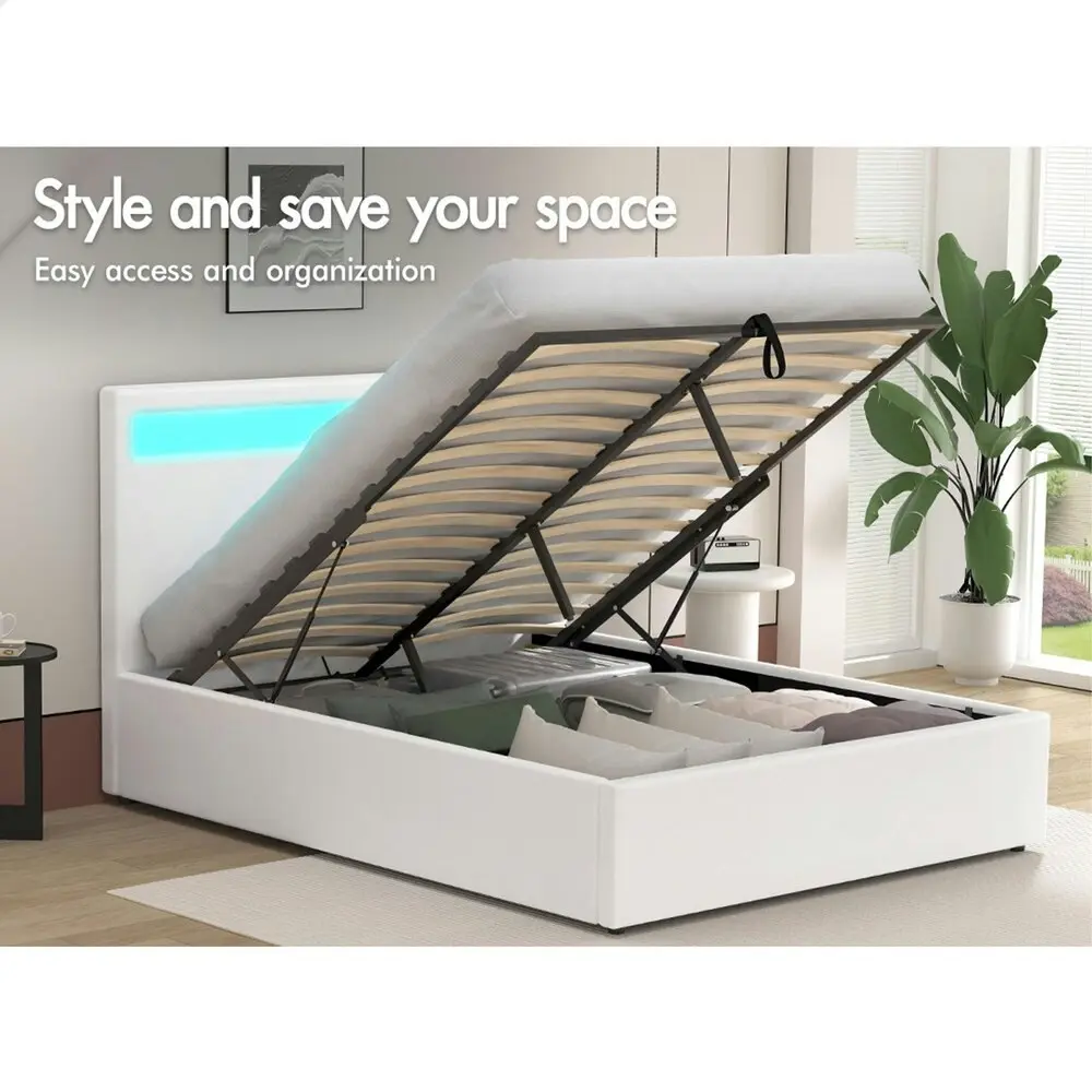 Alfordson Bed Frame Queen Size RGB LED Gas Lift Base Platform Storage White