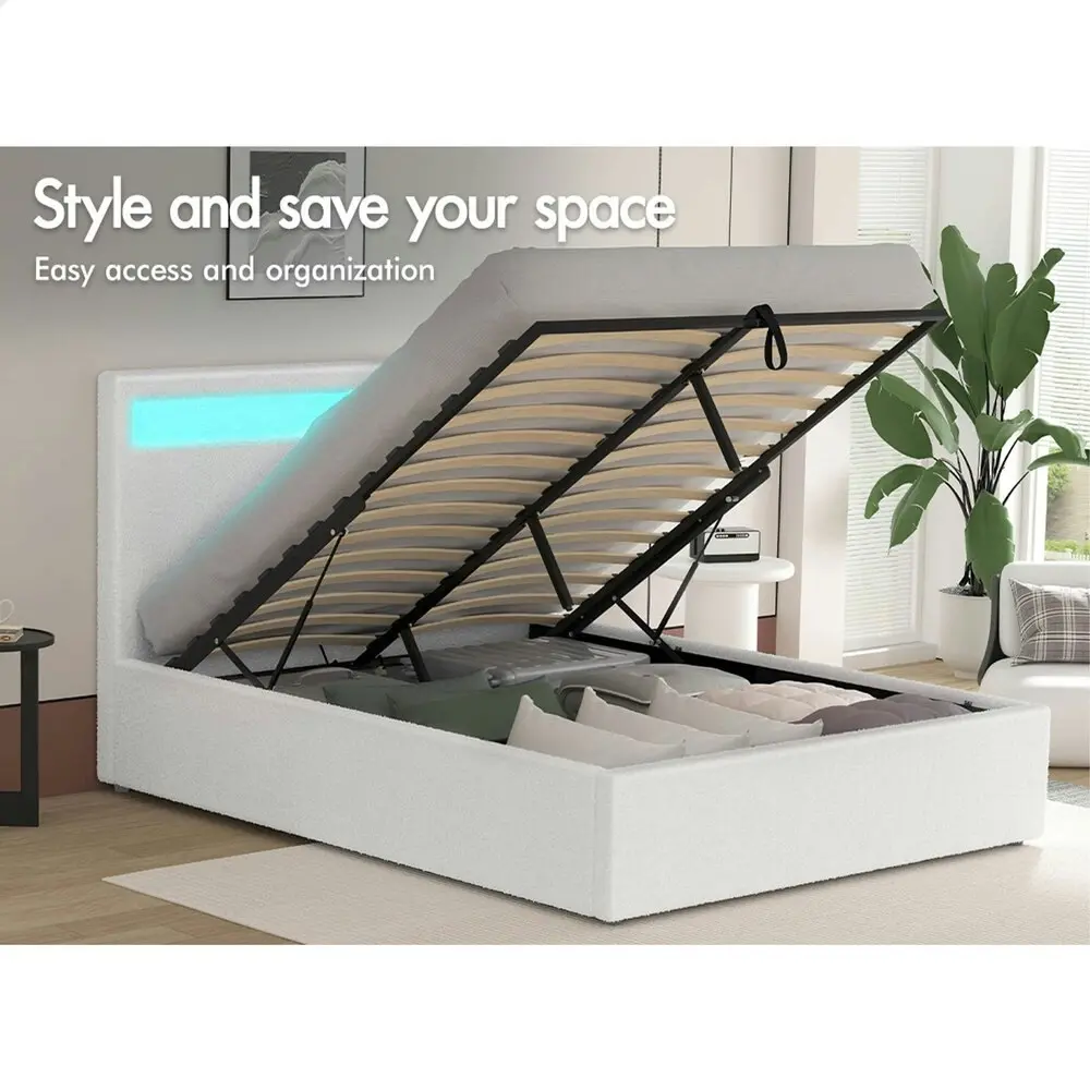 Alfordson Bed Frame Double Size RGB LED Gas Lift Base Platform Storage Boucle