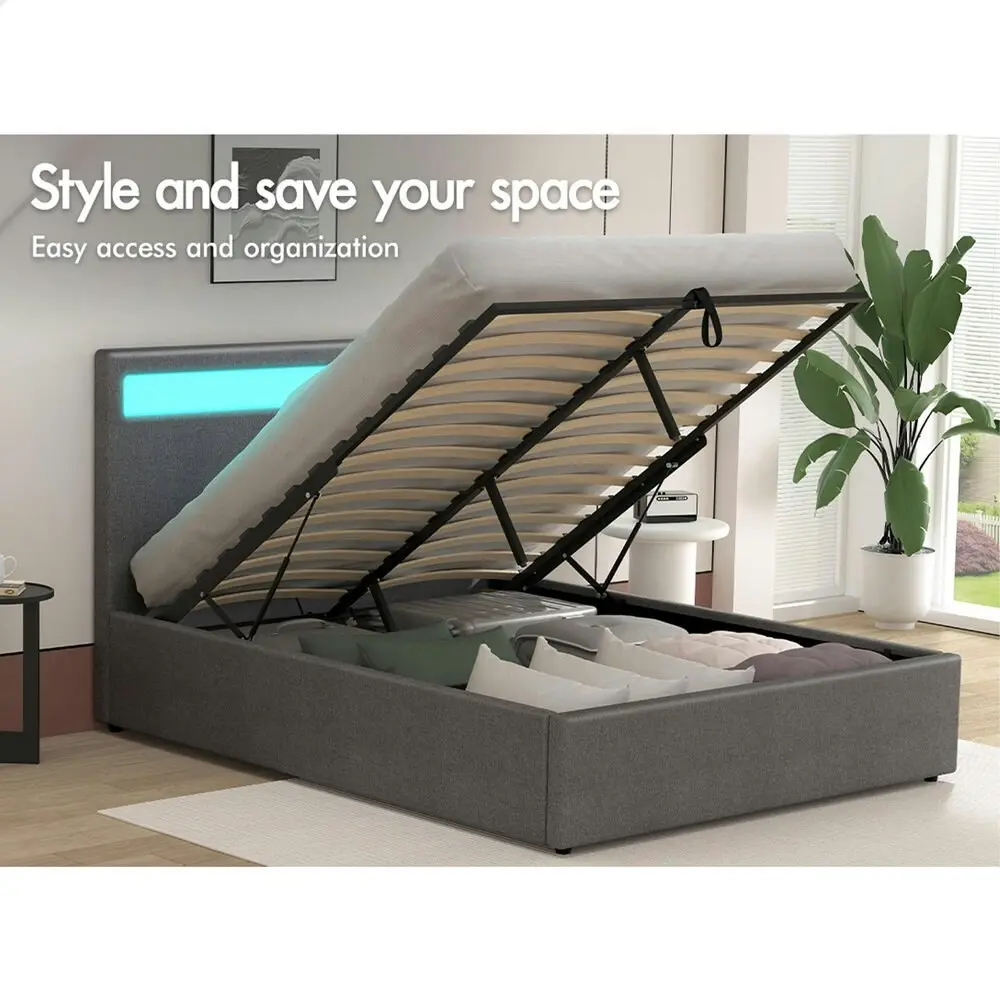 Alfordson Bed Frame Double Size RGB LED Gas Lift Base Platform Storage Grey