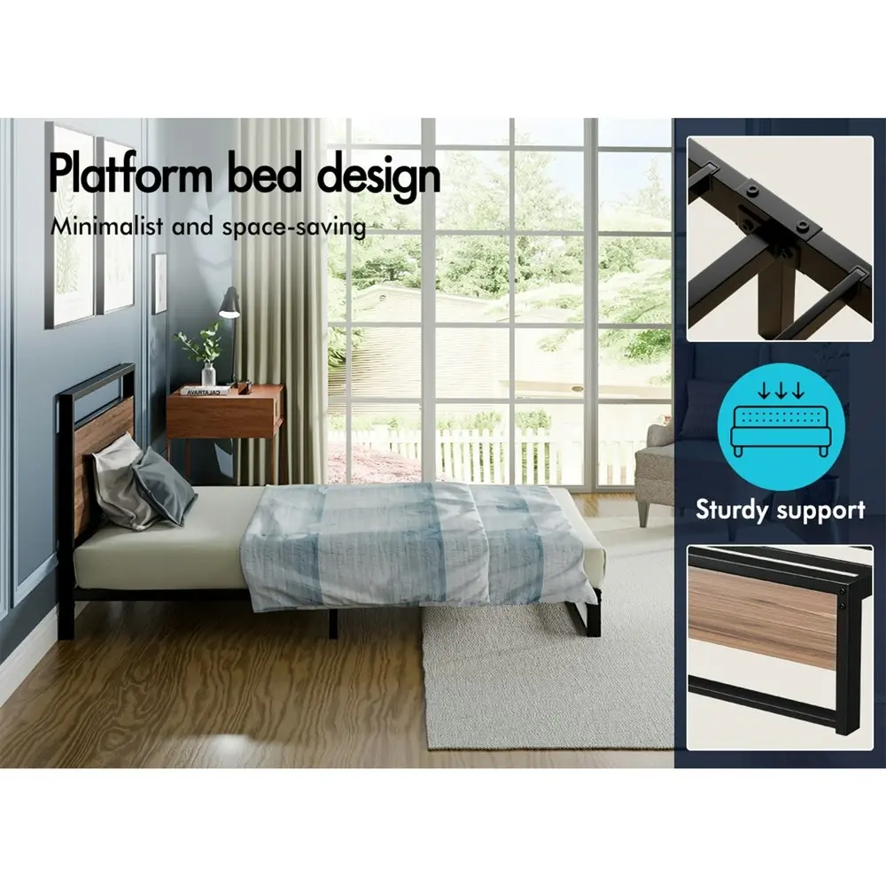 Alfordson Metal Bed Frame Single Size Industrial Platform Mattress Base Wood