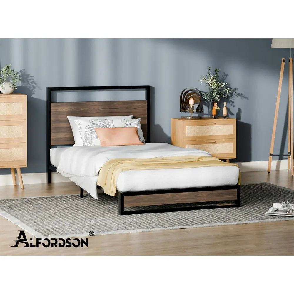 Alfordson Metal Bed Frame Single Size Industrial Platform Mattress Base Wood