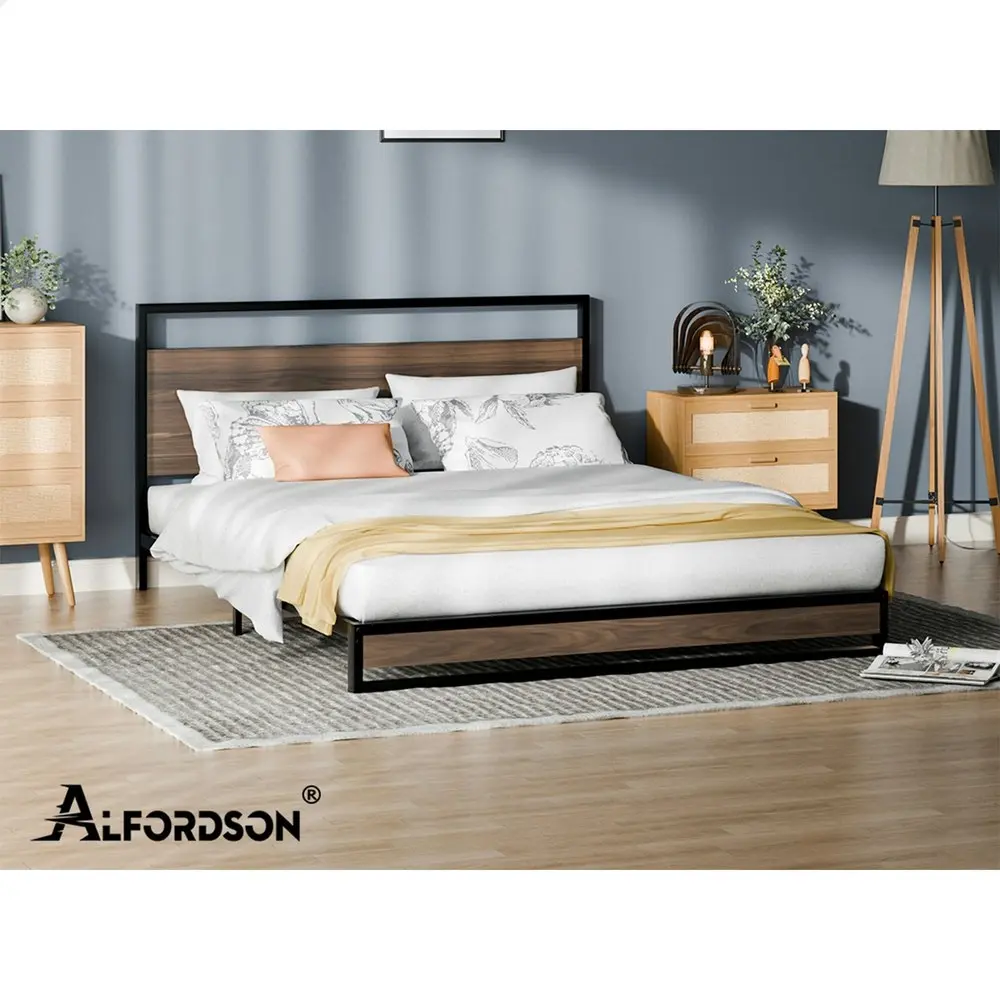 Alfordson Metal Bed Frame Queen Size Industrial Platform Mattress Base Wood