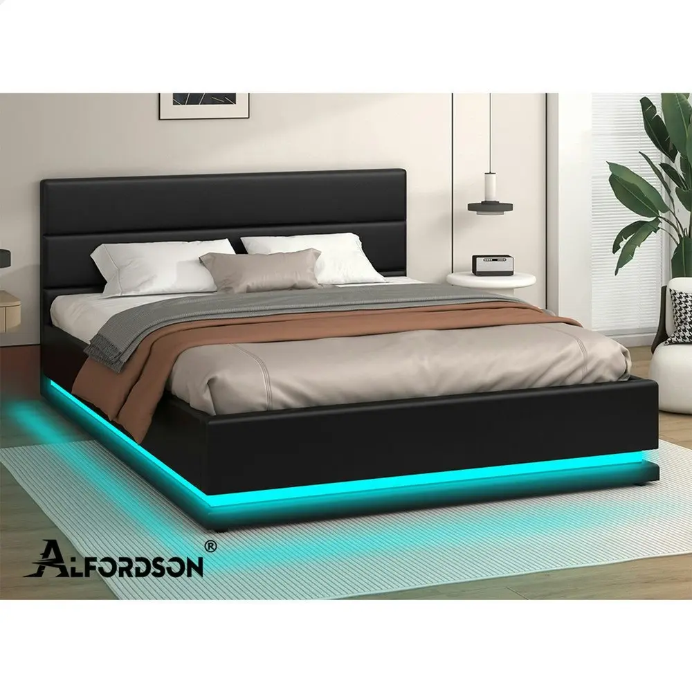 Alfordson Bed Frame King Size Platform RGB LED Gas Lift Base Storage Black