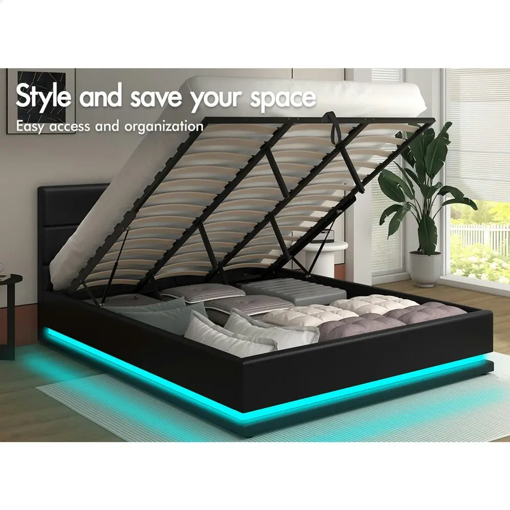 Alfordson Bed Frame King Size Platform RGB LED Gas Lift Base Storage Black