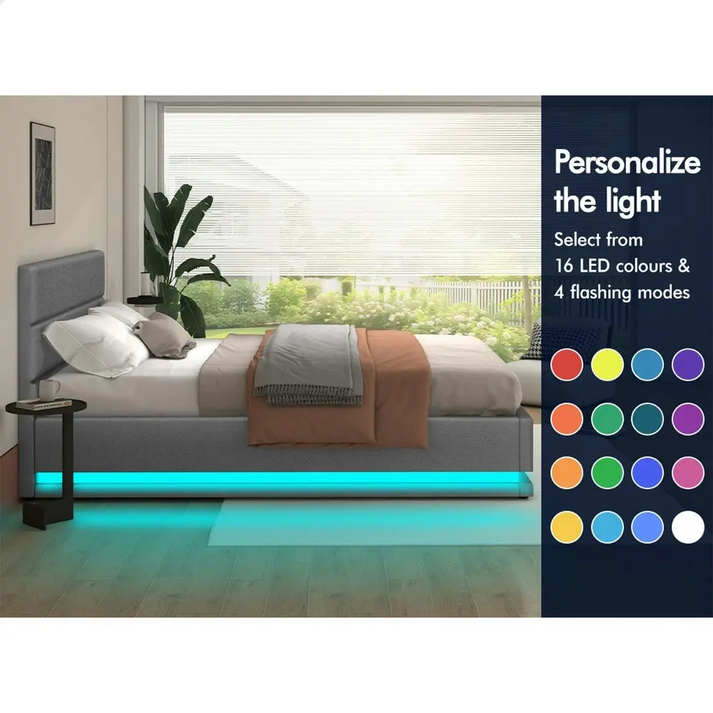 Alfordson Bed Frame King Size Platform RGB LED Gas Lift Base Storage Grey