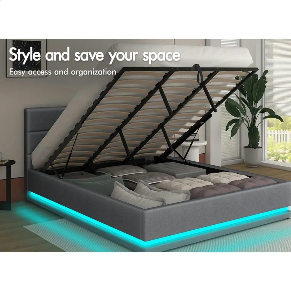 Alfordson Bed Frame King Size Platform RGB LED Gas Lift Base Storage Grey