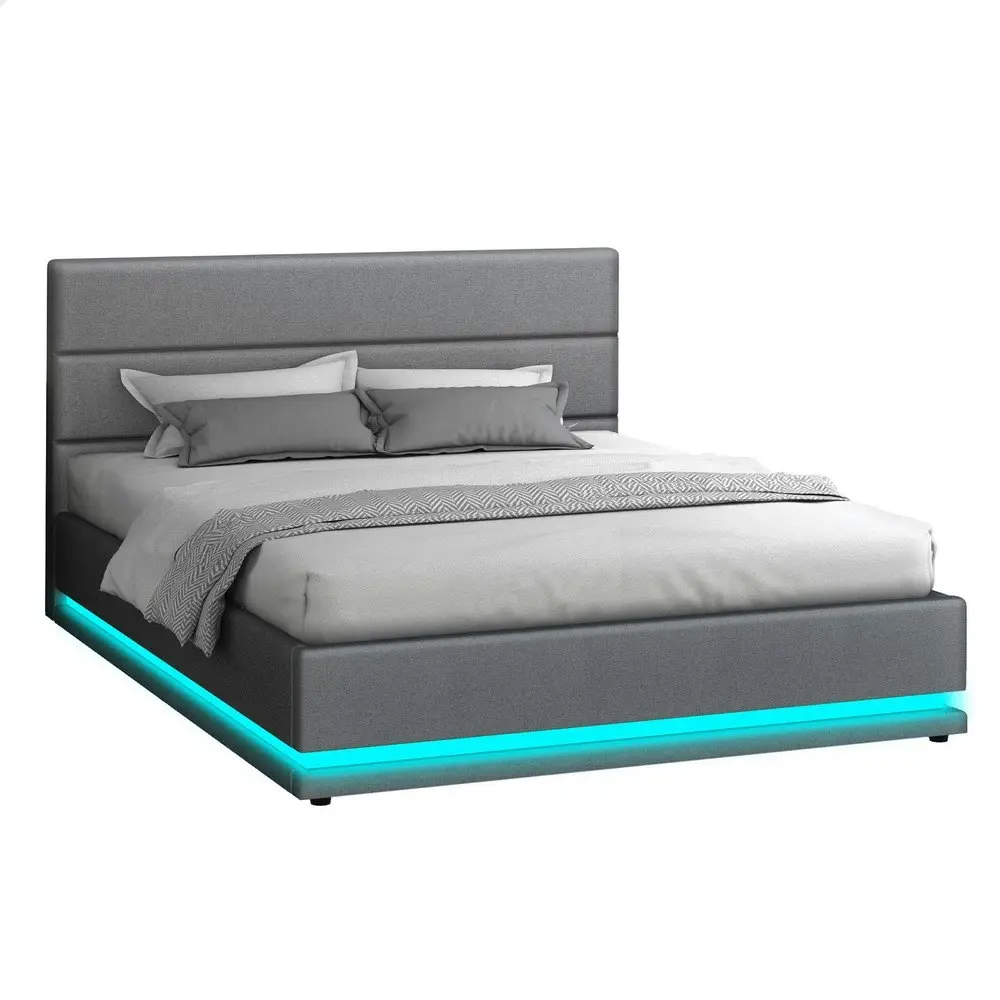 Alfordson Bed Frame King Size Platform RGB LED Gas Lift Base Storage Grey