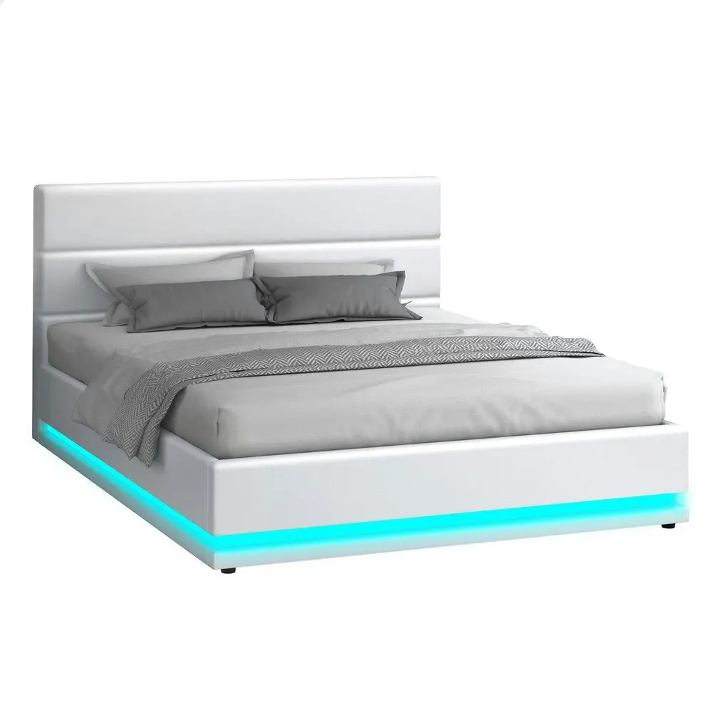 Alfordson Bed Frame King Size Platform RGB LED Gas Lift Base Storage White