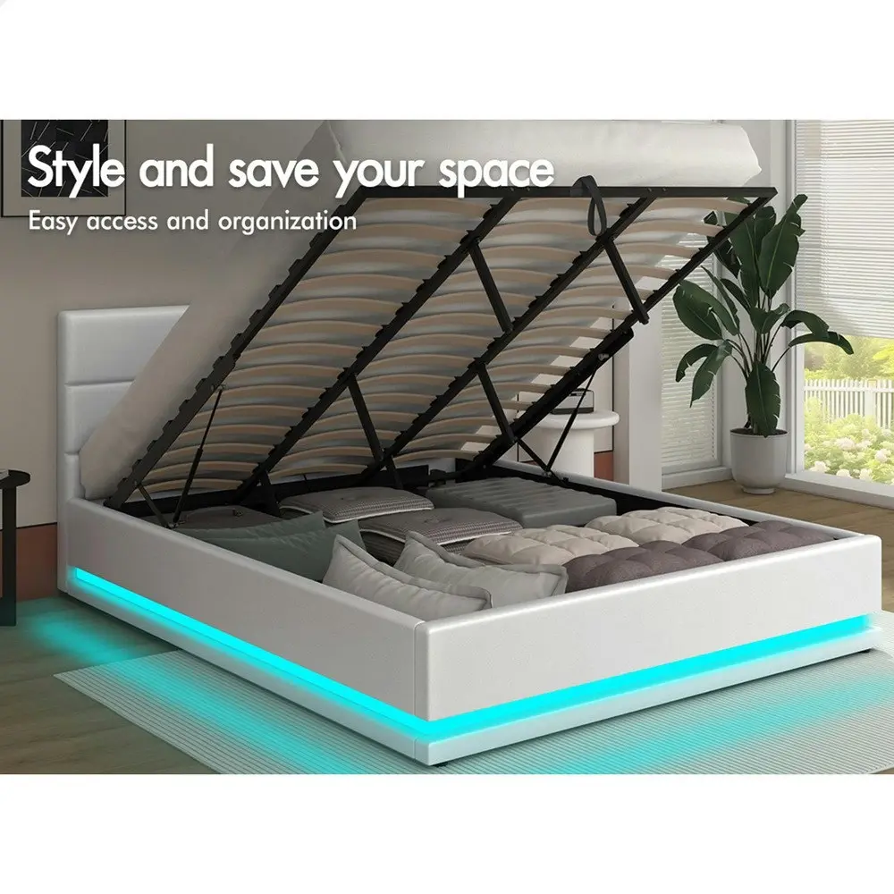 Alfordson Bed Frame King Size Platform RGB LED Gas Lift Base Storage White