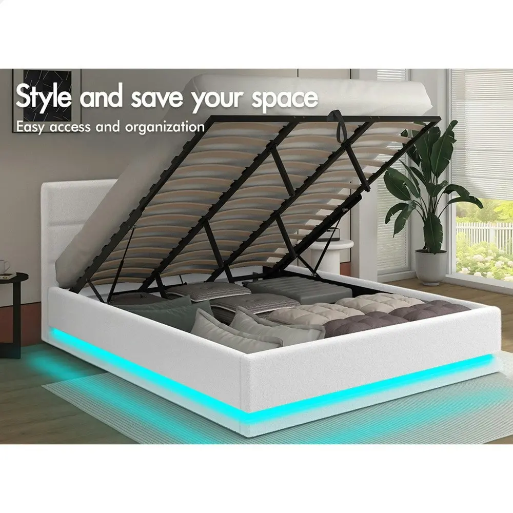 Alfordson Bed Frame King Size Platform RGB LED Gas Lift Base Storage Boucle