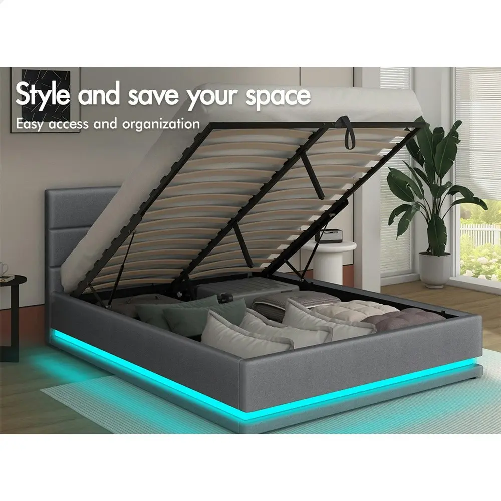 Alfordson Bed Frame Queen Size Platform RGB LED Gas Lift Base Storage Grey