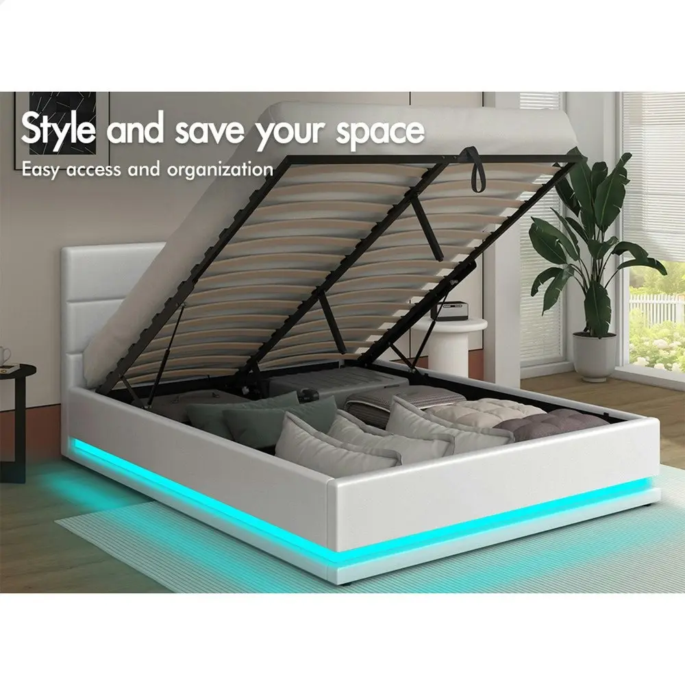 Alfordson Bed Frame Queen Size Platform RGB LED Gas Lift Base Storage White