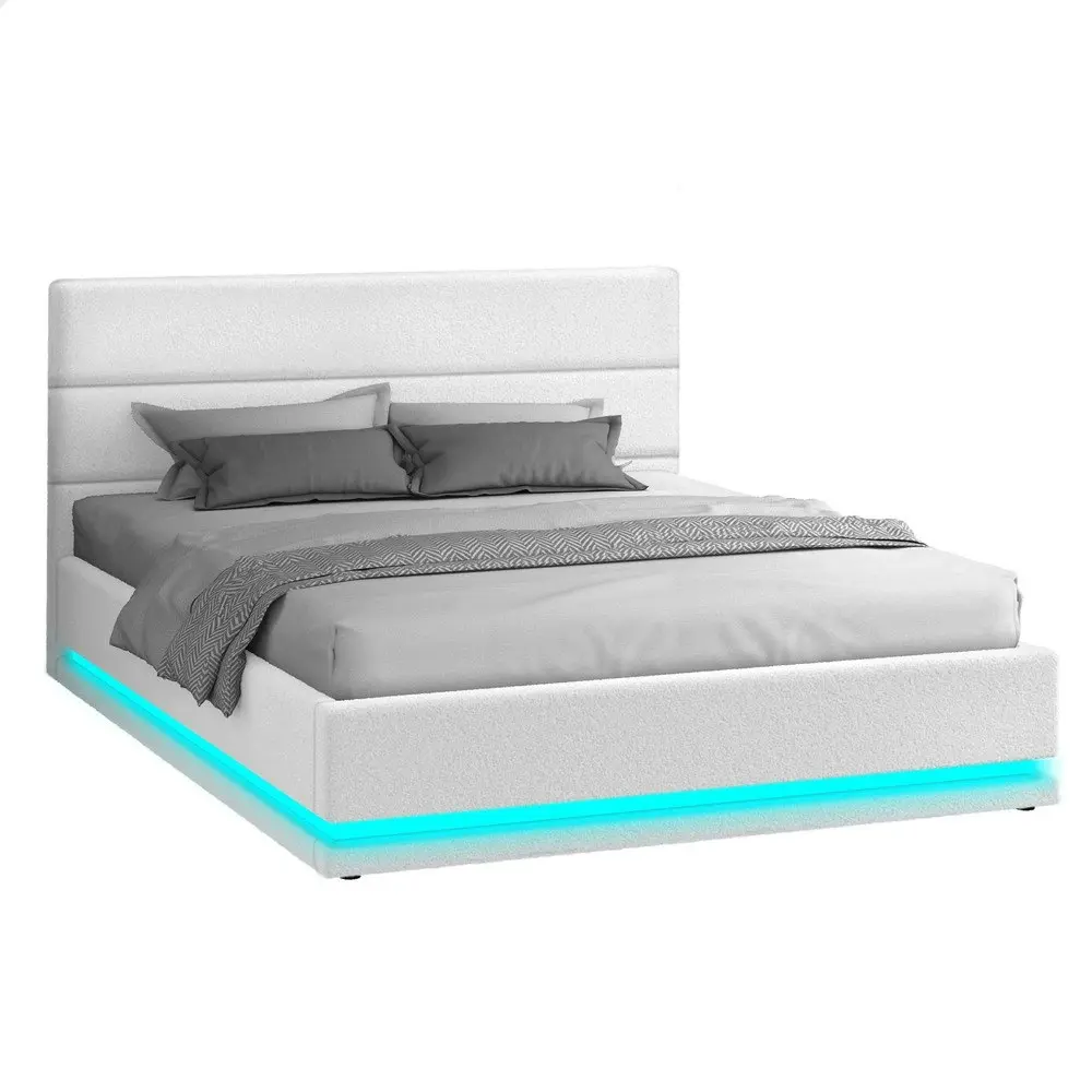 Alfordson Bed Frame Queen Size Platform RGB LED Gas Lift Base Storage Boucle