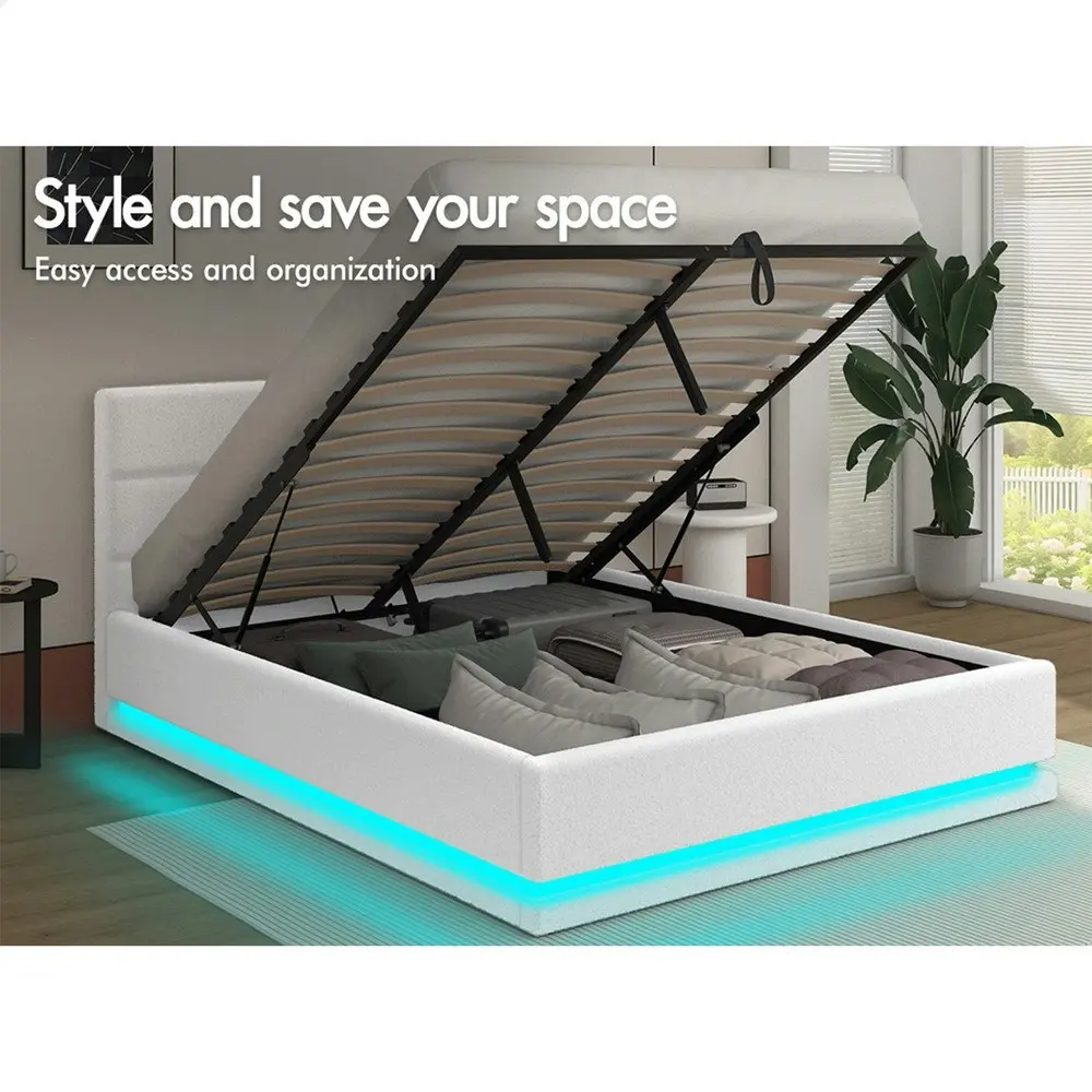 Alfordson Bed Frame Queen Size Platform RGB LED Gas Lift Base Storage Boucle