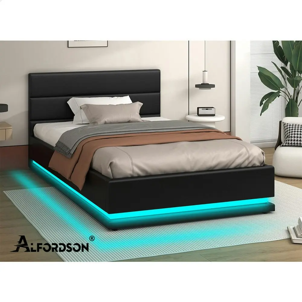 Alfordson Bed Frame King Single Platform RGB LED Gas Lift Base Storage Black