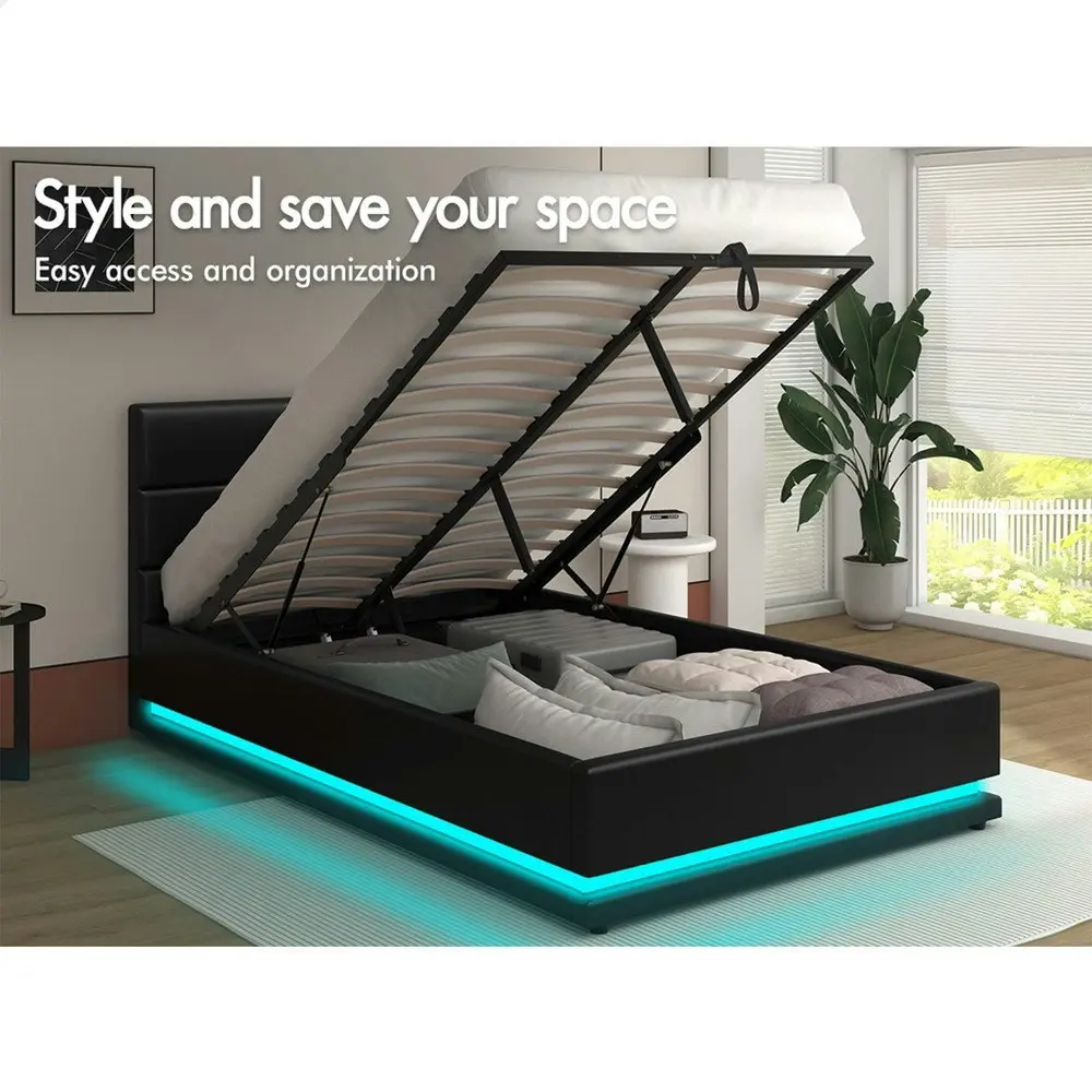 Alfordson Bed Frame King Single Platform RGB LED Gas Lift Base Storage Black