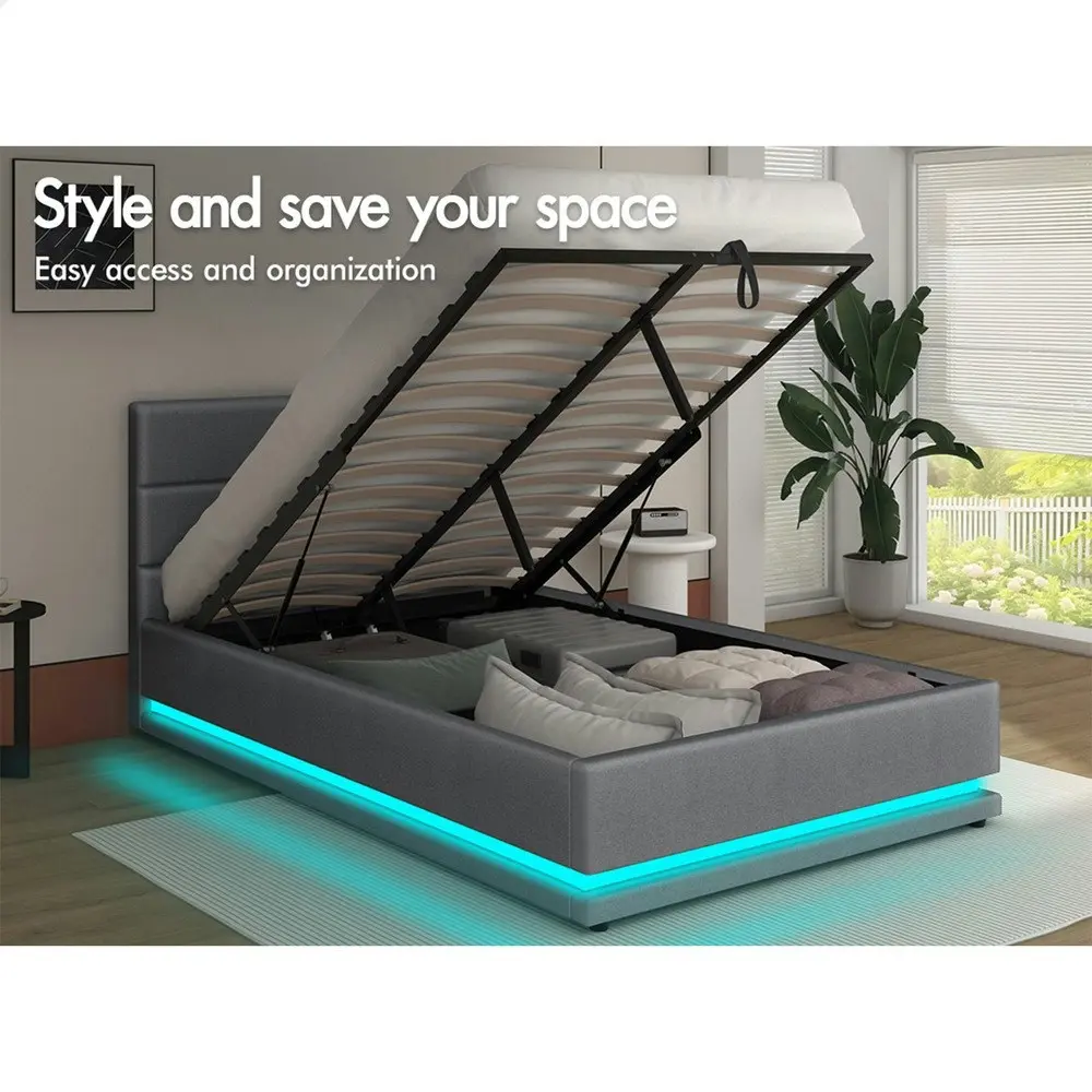 Alfordson Bed Frame King Single Size Platform RGB LED Gas Lift Base Storage Grey