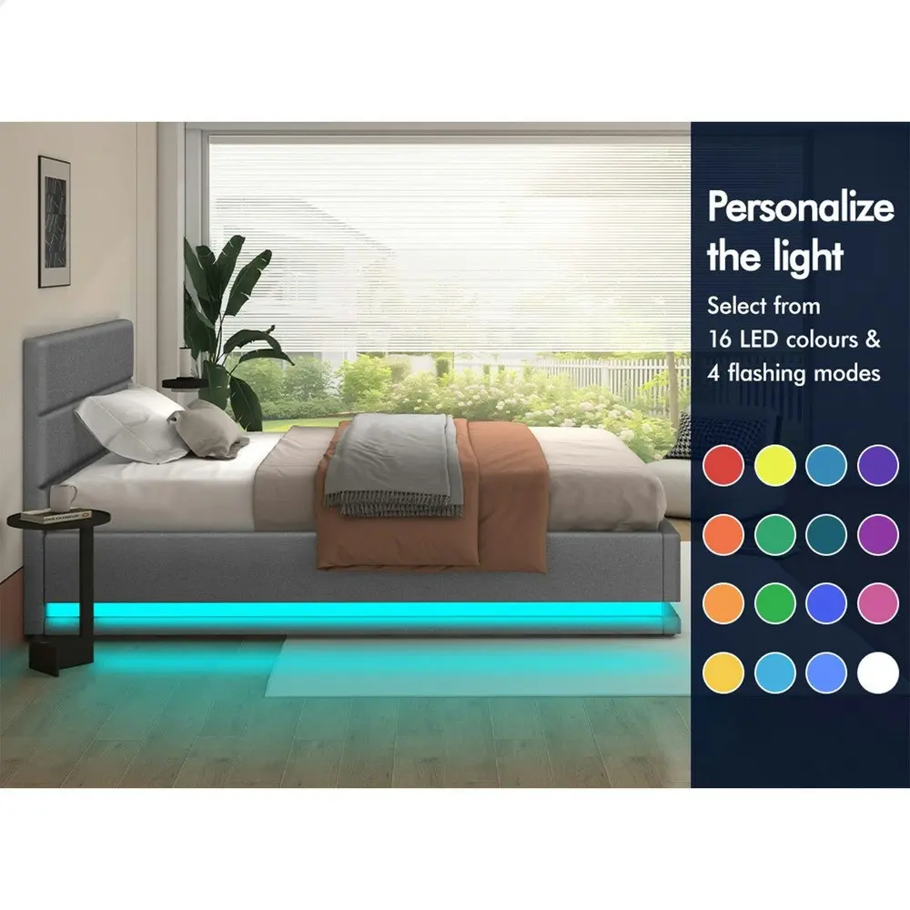 Alfordson Bed Frame King Single Size Platform RGB LED Gas Lift Base Storage Grey