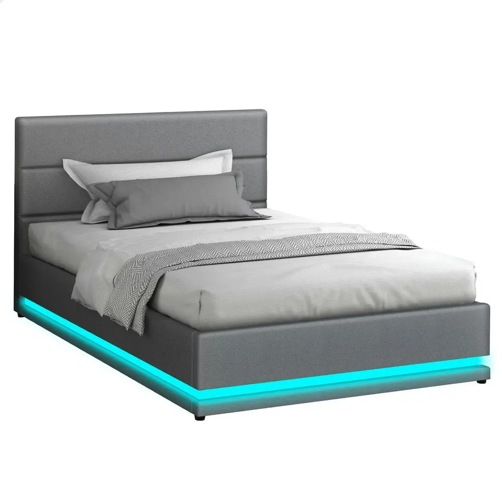 Alfordson Bed Frame King Single Size Platform RGB LED Gas Lift Base Storage Grey