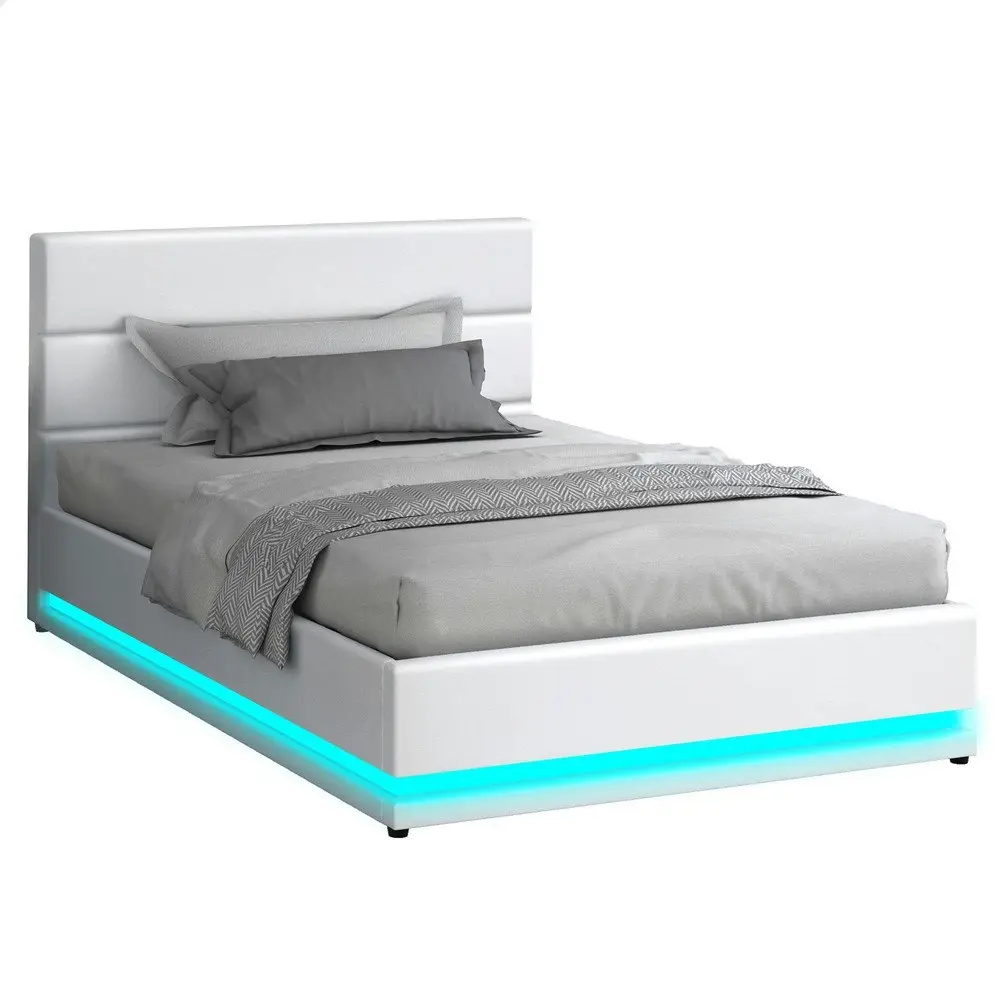 Alfordson Bed Frame King Single Size Platform RGB LED Gas Lift Base Storage White