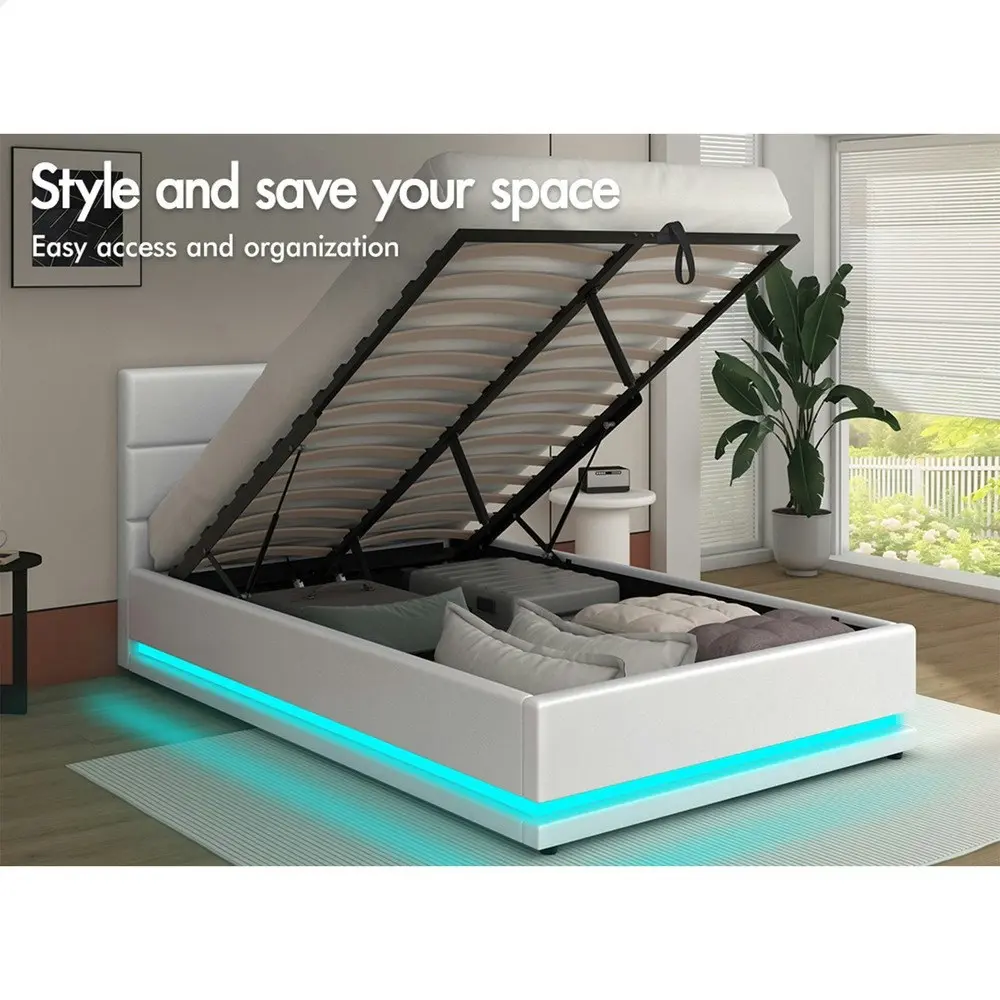 Alfordson Bed Frame King Single Size Platform RGB LED Gas Lift Base Storage White