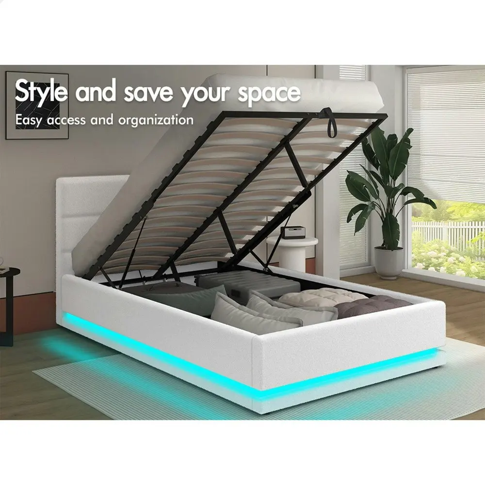 Alfordson Bed Frame King Single Platform RGB LED Gas Lift Base Storage Boucle