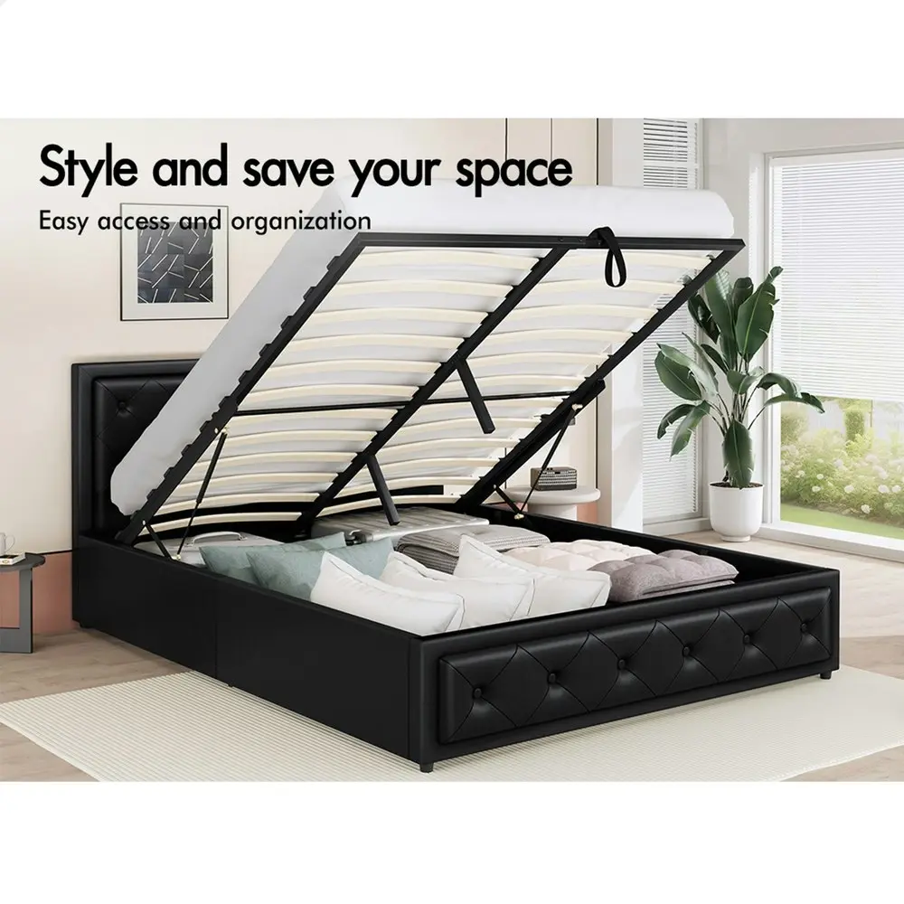 Alfordson Bed Frame Double Size Gas Lift Storage Mattress Base Leather Black