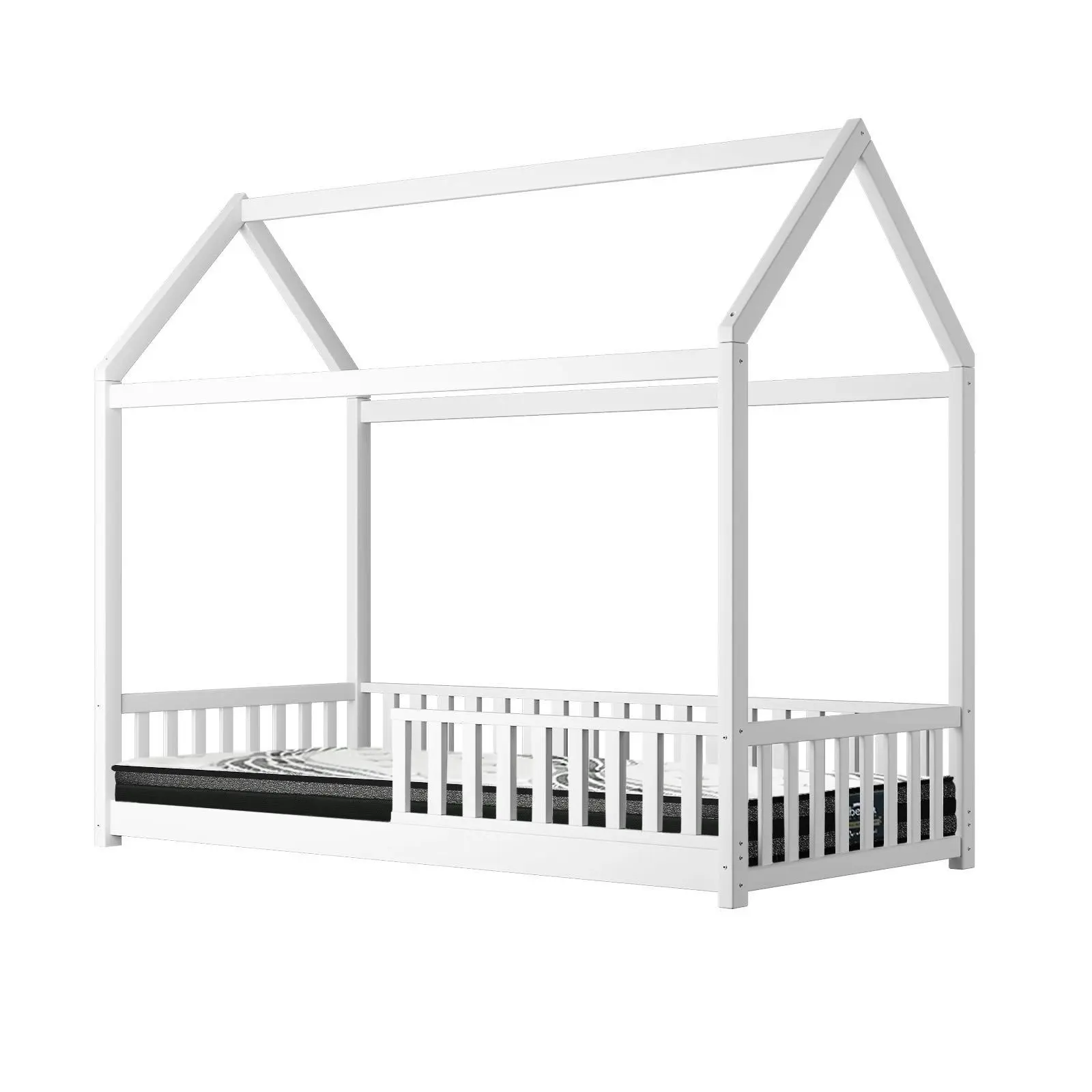 Oikiture Kids Wooden Bed Frame and Mattress Set House Base White