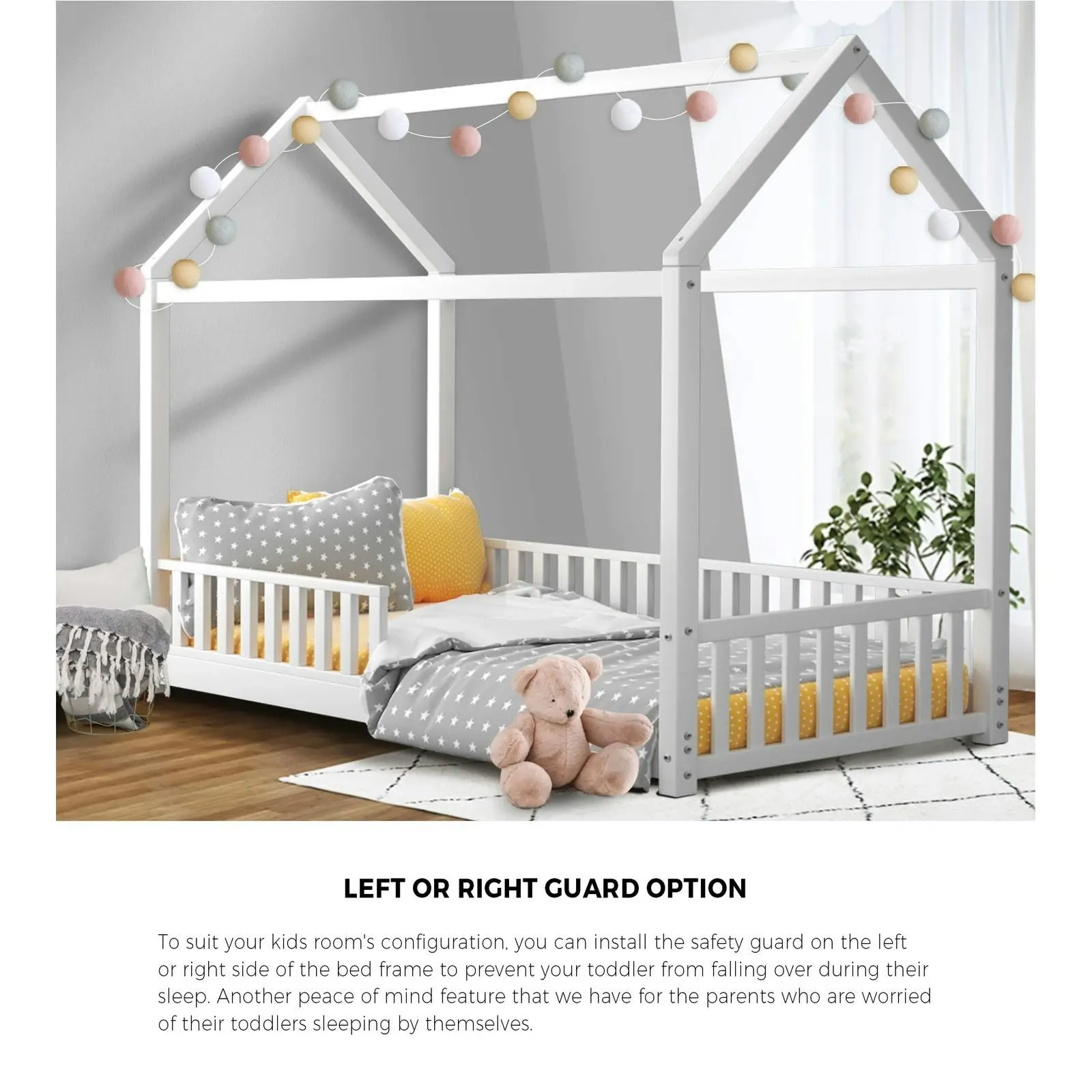 Oikiture Kids Wooden Bed Frame and Mattress Set House Base White