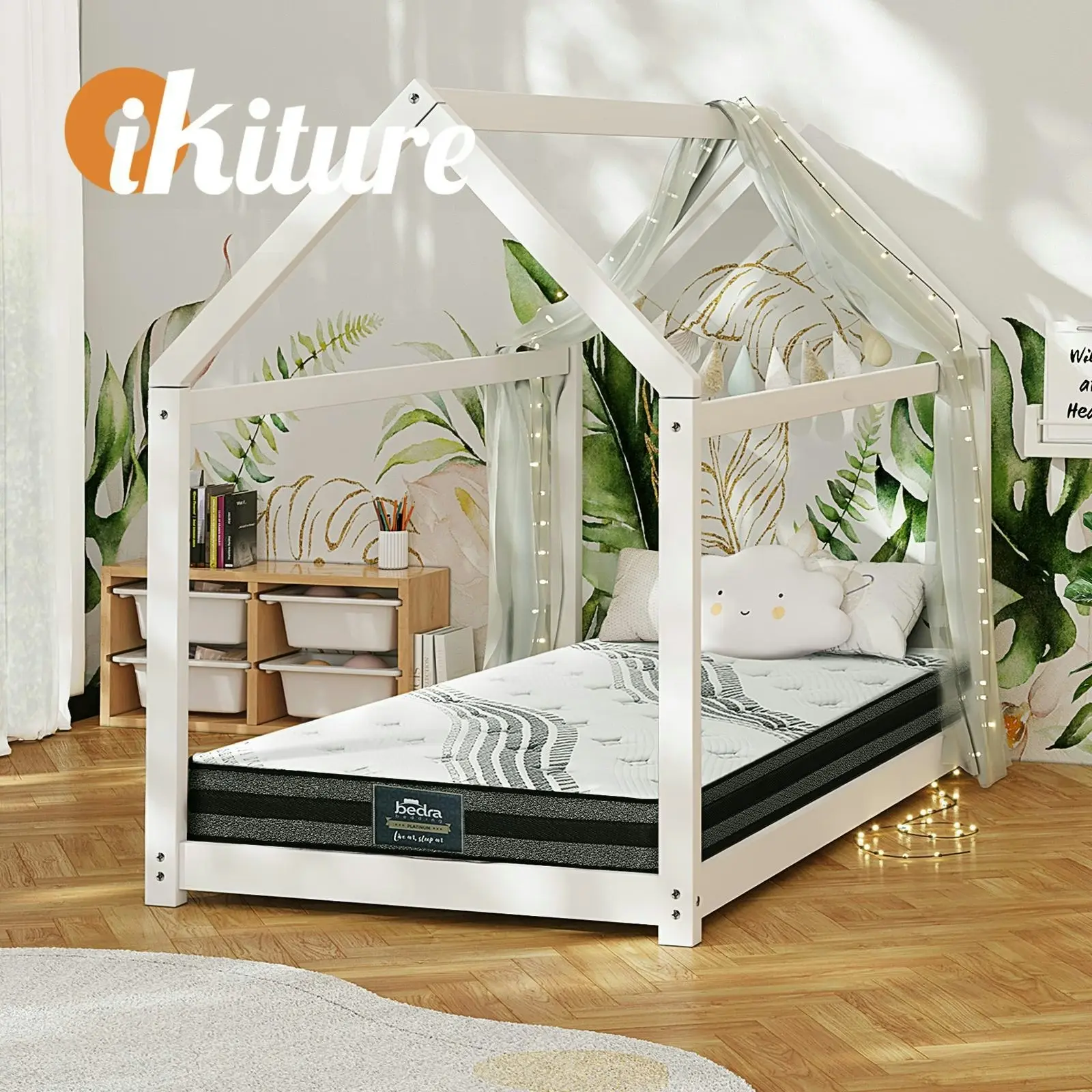 Oikiture Kids Bed Frame with Mattress Wooden Montessori House White