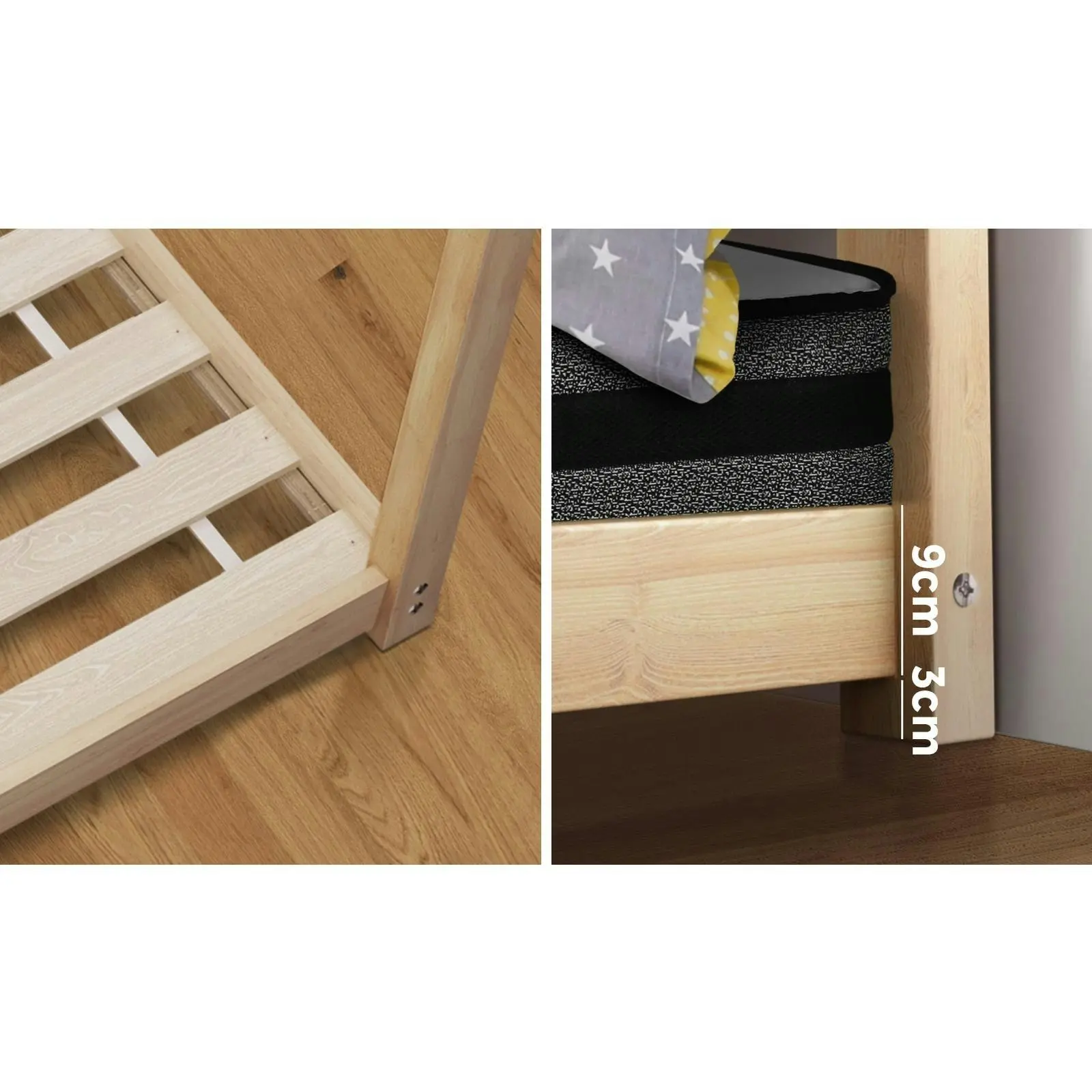 Oikiture Kids Wooden Bed Frame with Mattress Montessori House Timber