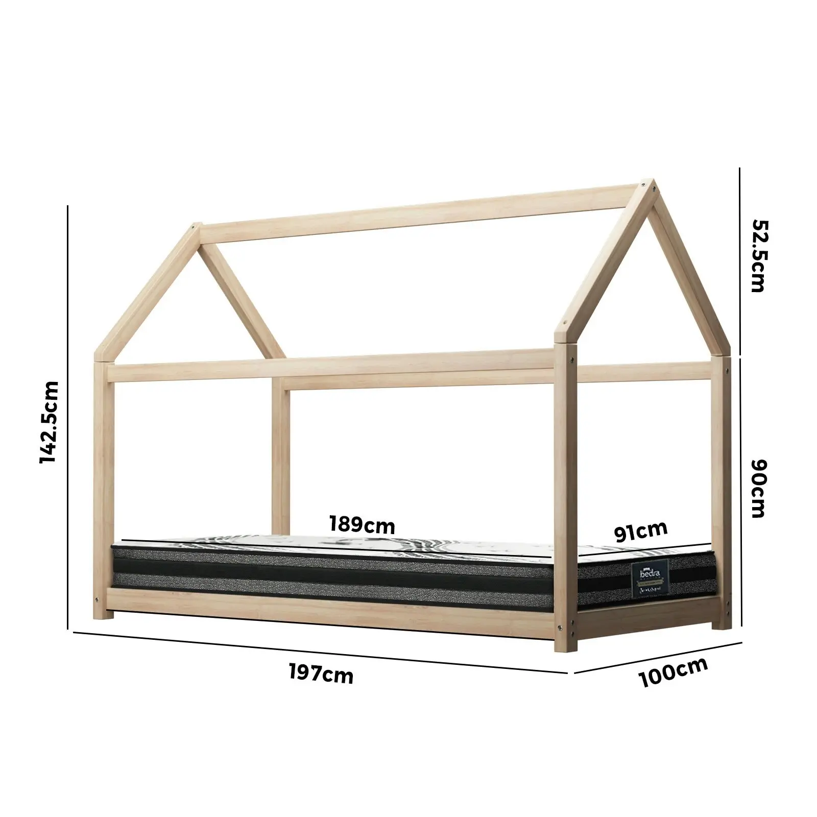 Oikiture Kids Wooden Bed Frame with Mattress Montessori House Timber