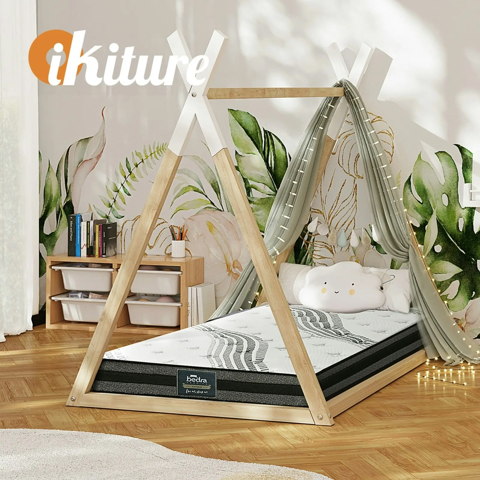 Oikiture Kids Bed Frame and Mattress Set Wooden Teepee House