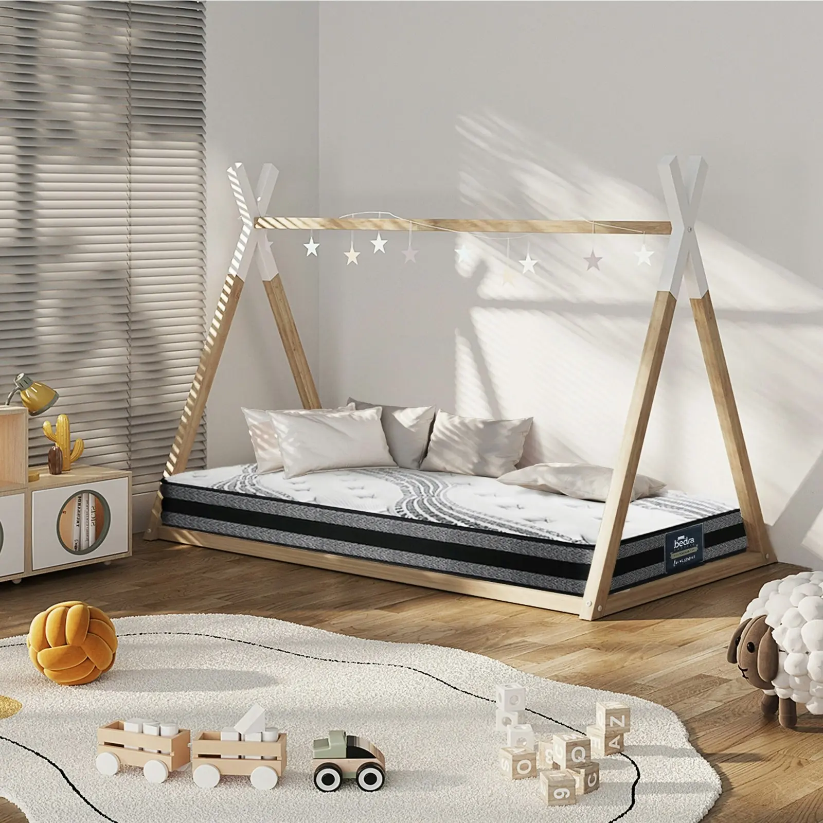 Oikiture Kids Bed Frame and Mattress Set Wooden Teepee House