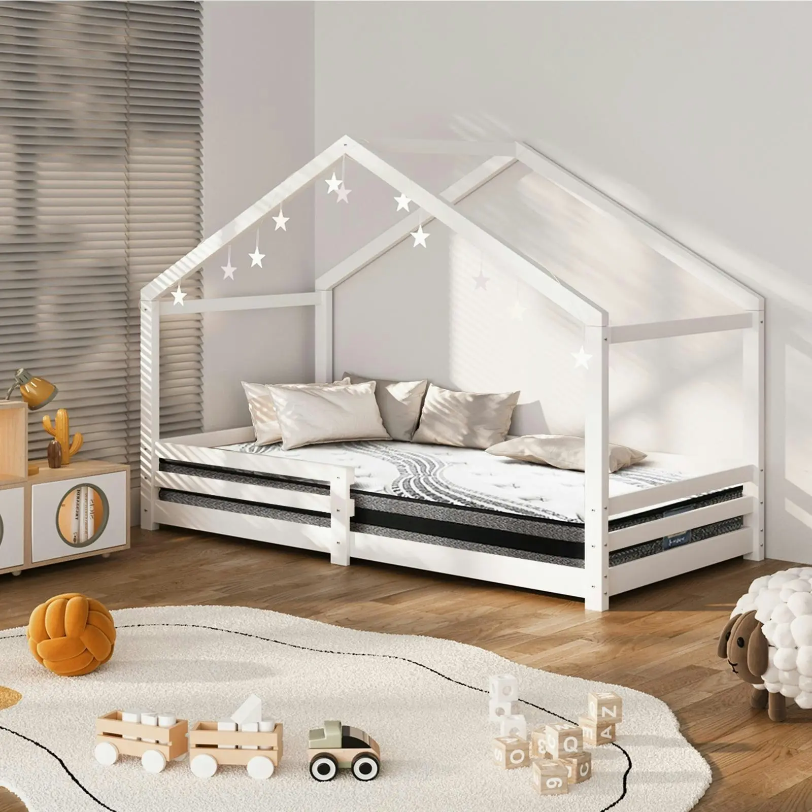 Oikiture Kids Bed Frame Mattress Wooden Timber House Montessori White