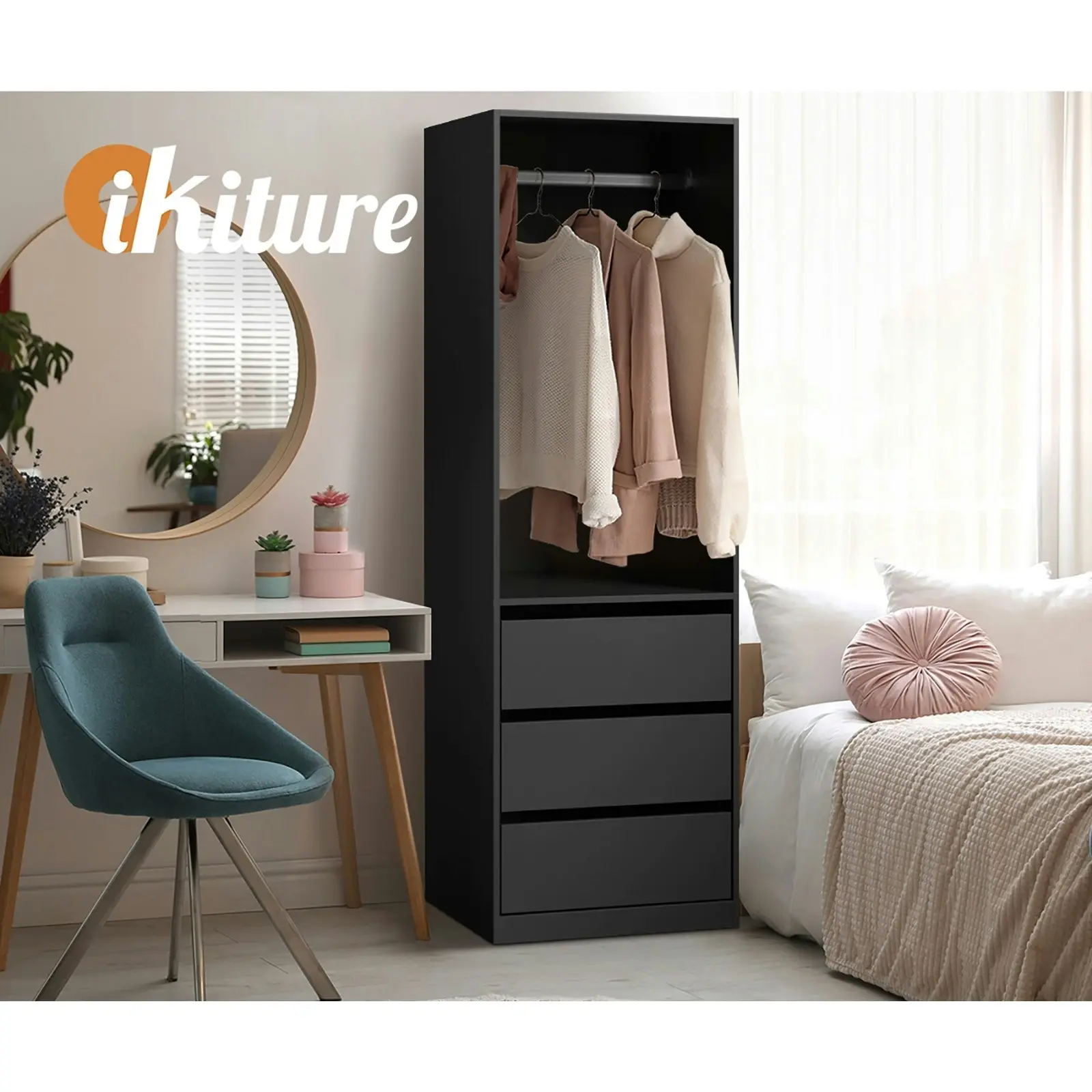 Oikiture Open Wardrobe Shelf Unit Clothes Storage 3 Drawers Hanging Rail Black