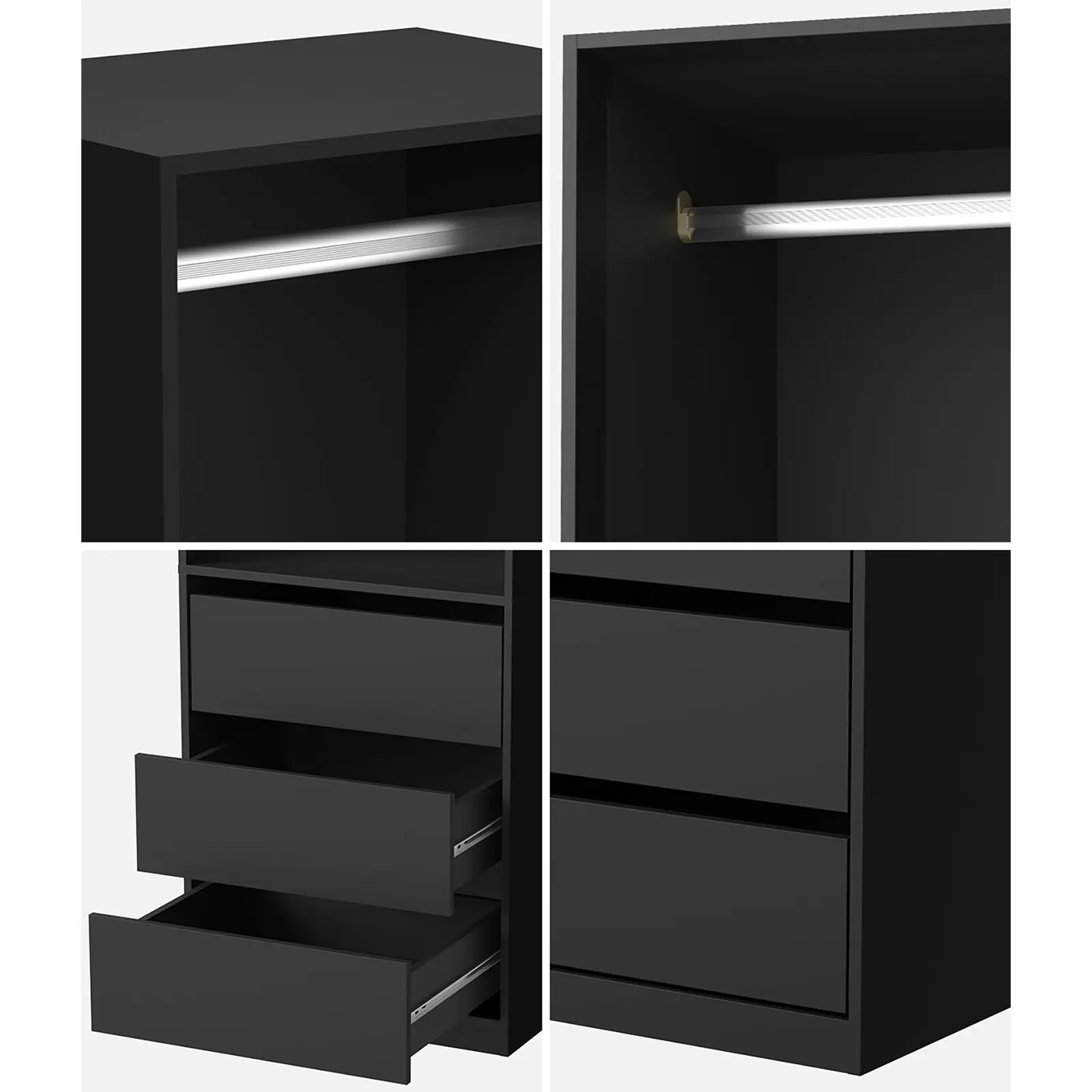 Oikiture Open Wardrobe Shelf Unit Clothes Storage 3 Drawers Hanging Rail Black