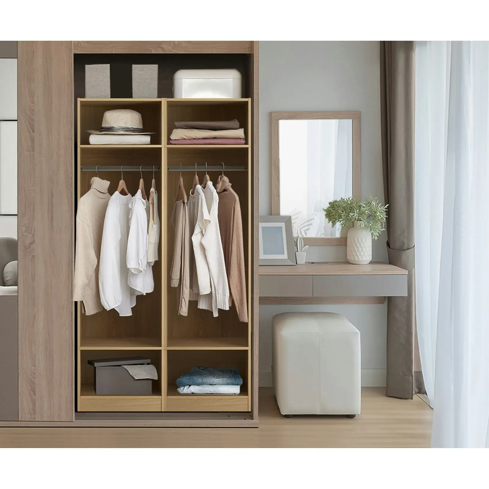 Oikiture Open Wardrobe Shelf Unit Clothes Storage 3 Drawers Hanging Rail Natural